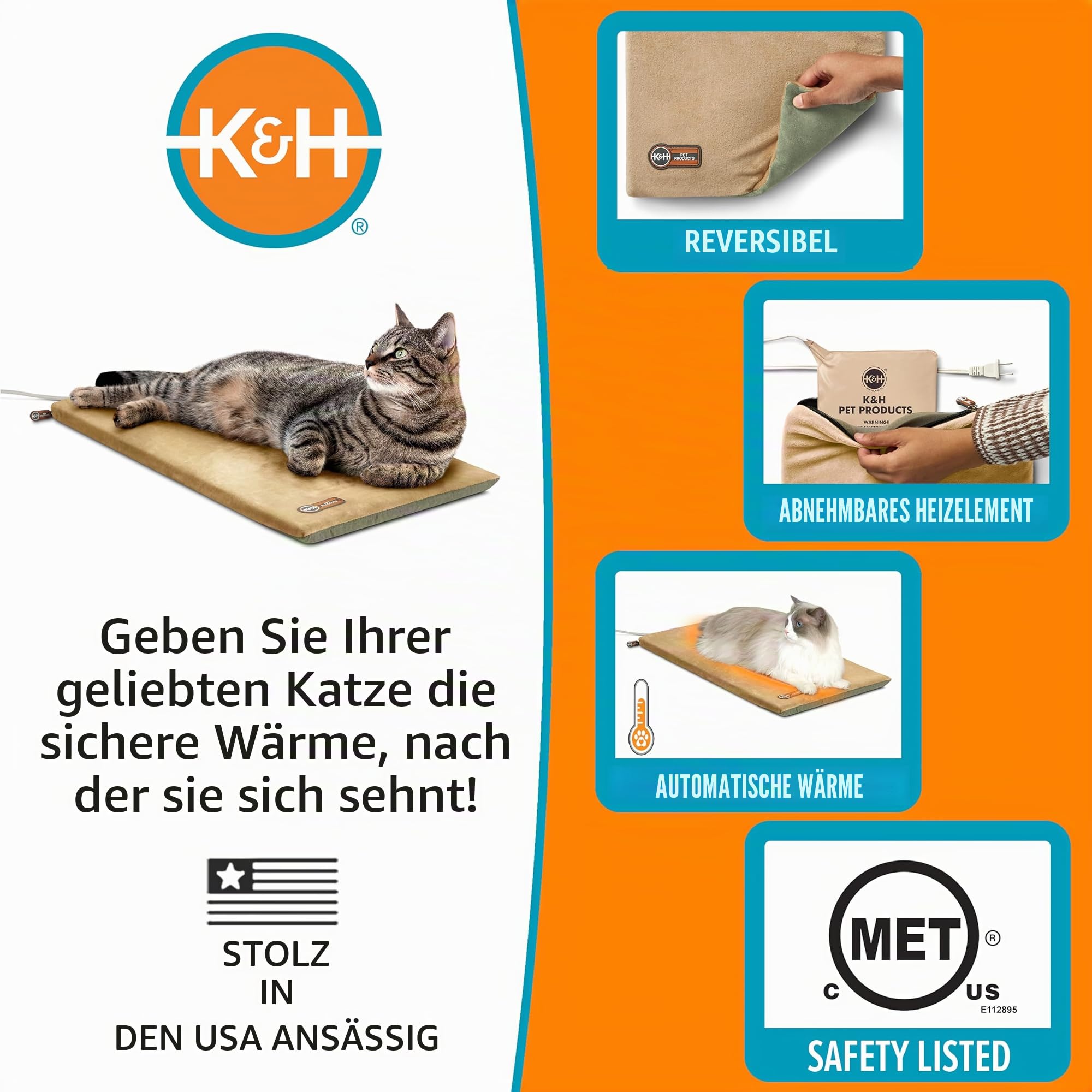 K&H Pet Products Beheiztes Katzenbett für Hauskatzen, Thermo-Kätzchen-Matte, beruhigend, warm, Haustier-Heizkissen für Haustiere, maschinenwaschbar, wasserdichte Heizung, Sicherheitsliste – 12,5 x