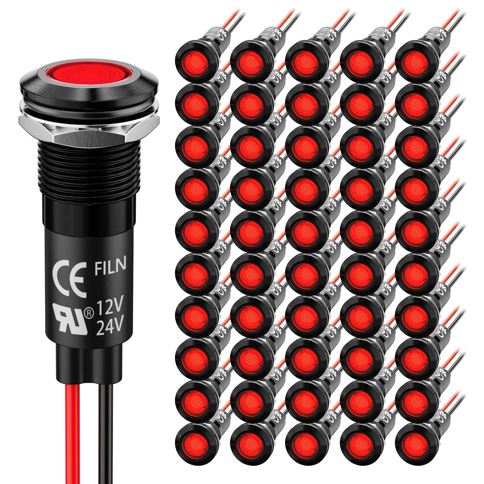 50PCS 12mm(1/2") LED Indicator Light 5V 12V 24V DC IP67 Red