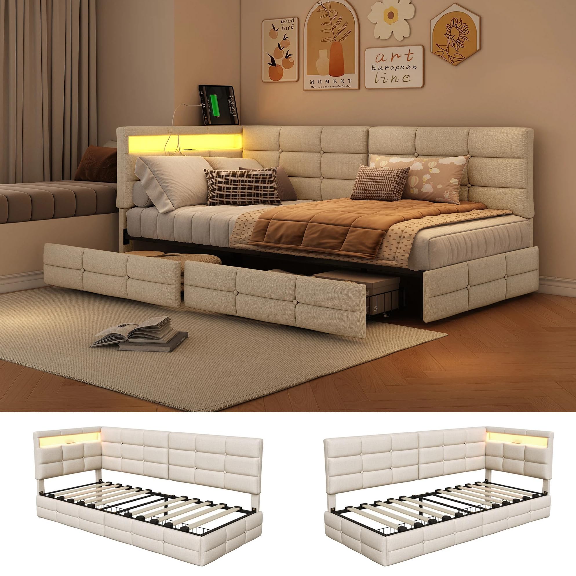 BRILVERDE Cama con almacenamiento de 90 x 200 cm con cajones, cama acolchada con luz LED/USB, sofá cama con cabecero contenedor, somier de láminas, lino (beige, 90 x 200 cm)