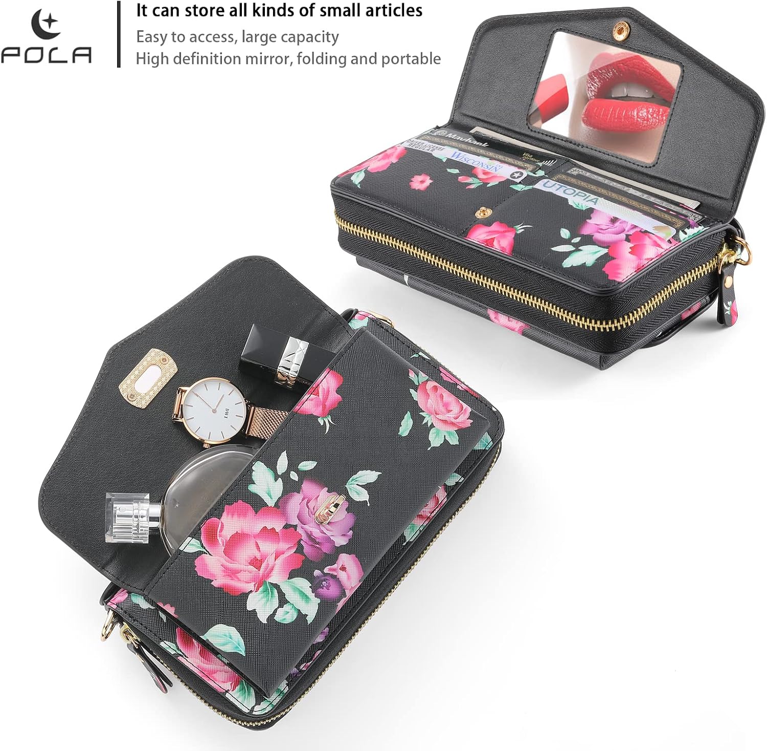 Wallet Case for Samsung Galaxy S22 5G Magnetic Detachable Crossbody Shoulder Strap Floral PU Leather Wristlet Mirror Flip Zipper Purse Phone Cover for S 22 22S 4G G5 6.1 inch Girls Women Black
