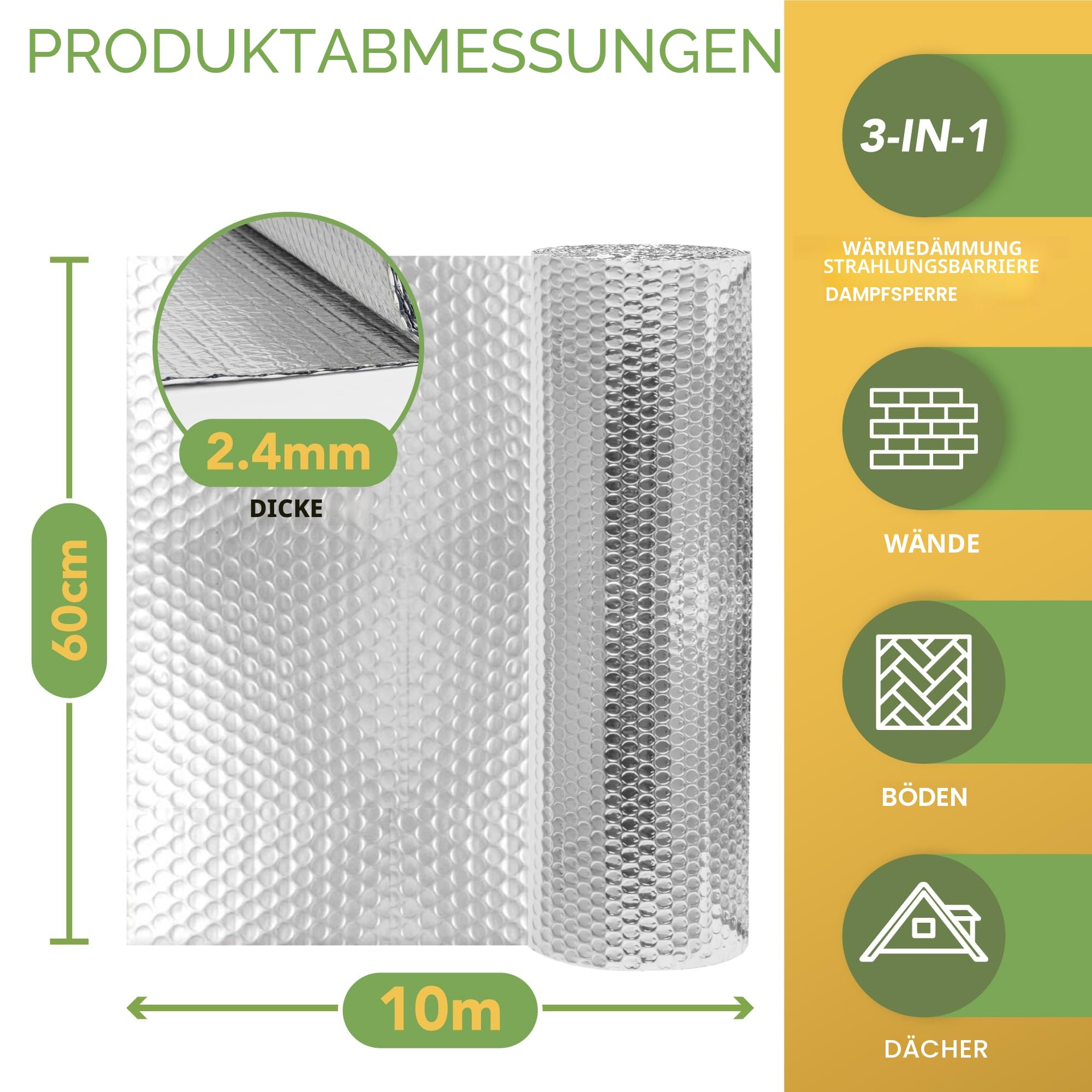 BLOSTM 10m x 60cm Heizkörper Reflexionsfolie - Isolierfolie Heizung Isolierung Wand Aluminium, Heizkörper Reflexionsplatte für Dach, Boden, Decke - Heizungsfolie Spart Energie & Geld