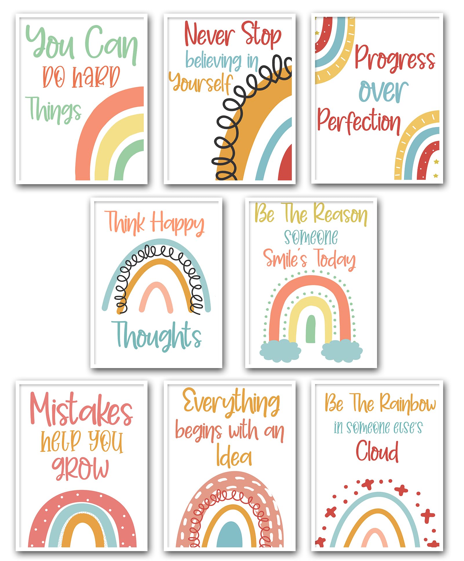 Kids Rainbow Inspirational Posters – 8 Inspiring Quote Prints for Children’s Bedroom, Playroom & Classroom – Colourful Motivational Wall Art Decor