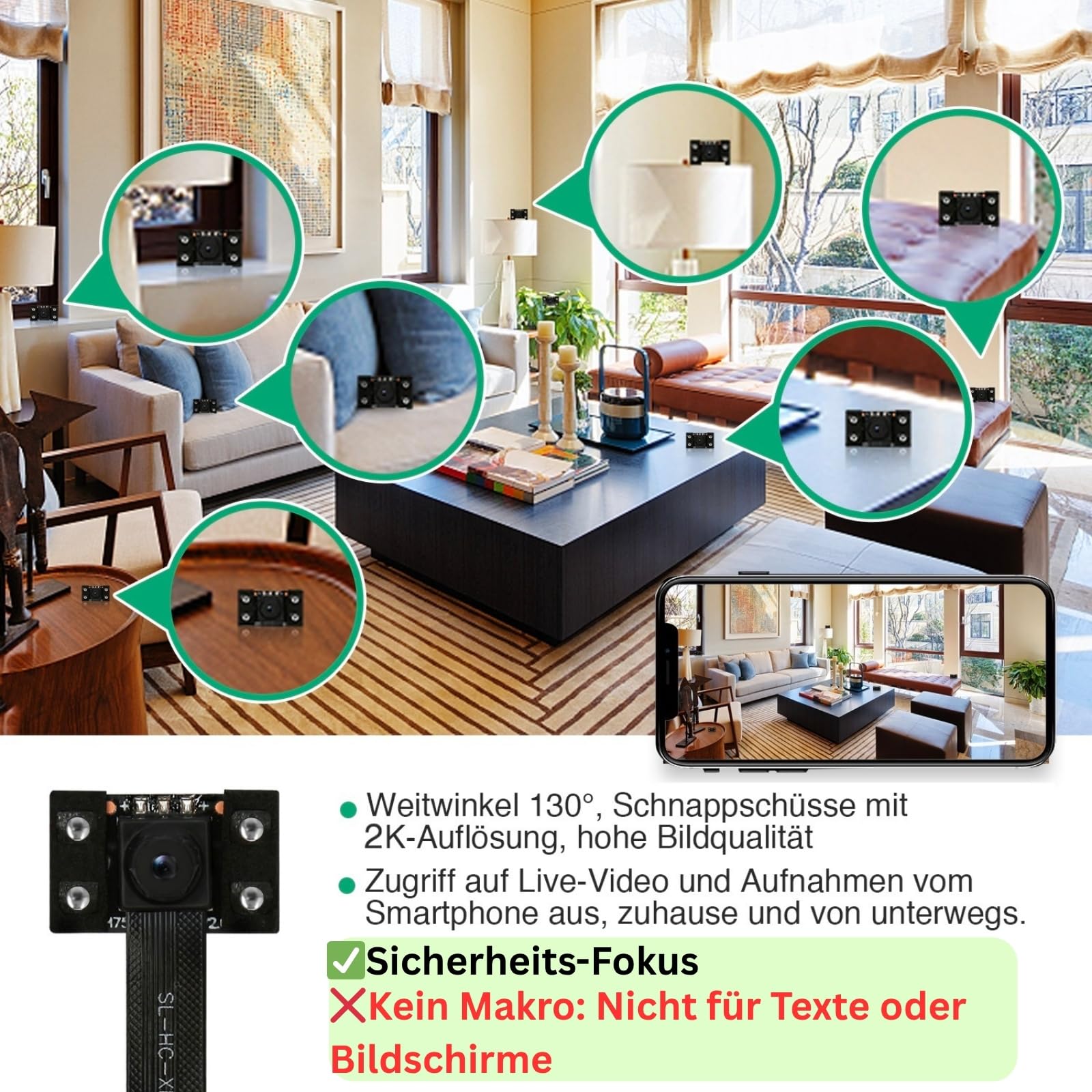 WIWACAM MW5 2025-gen 2K Ultra HD WLAN Mini Kamera mit Bewegungserkennung, internem Überwachungsfach, microSD-Kartensteckplatz, Handy Alarm, E-Mail-Alarm, Nachtsicht