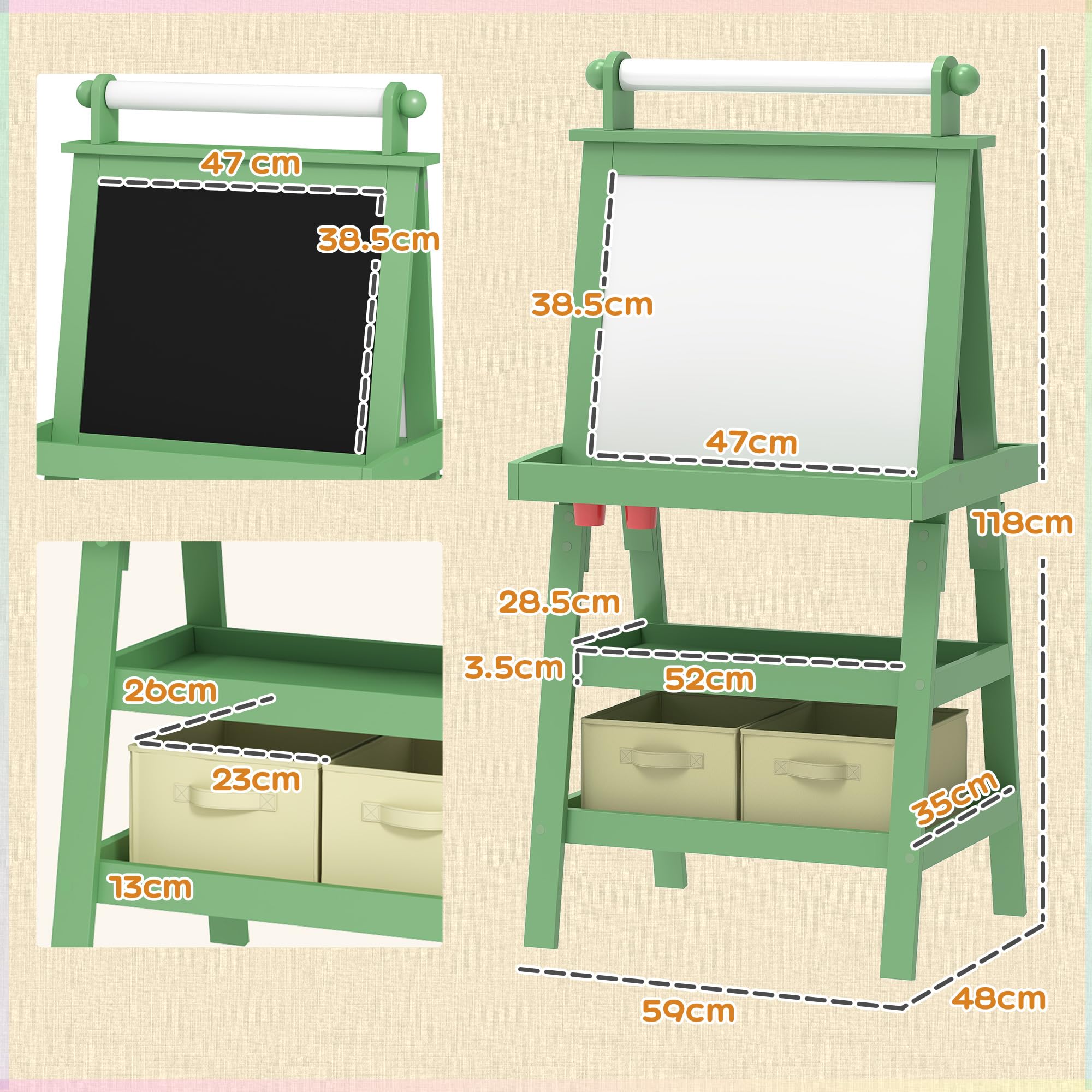 AIYAPLAY Lavagna cavalletto per bambini 3 in 1 lavagna double face bambino con pannello bianco e nero magnetico - rotolo di carta + 2 cestini portaoggetti integrati - 3-6 anni in legno verde