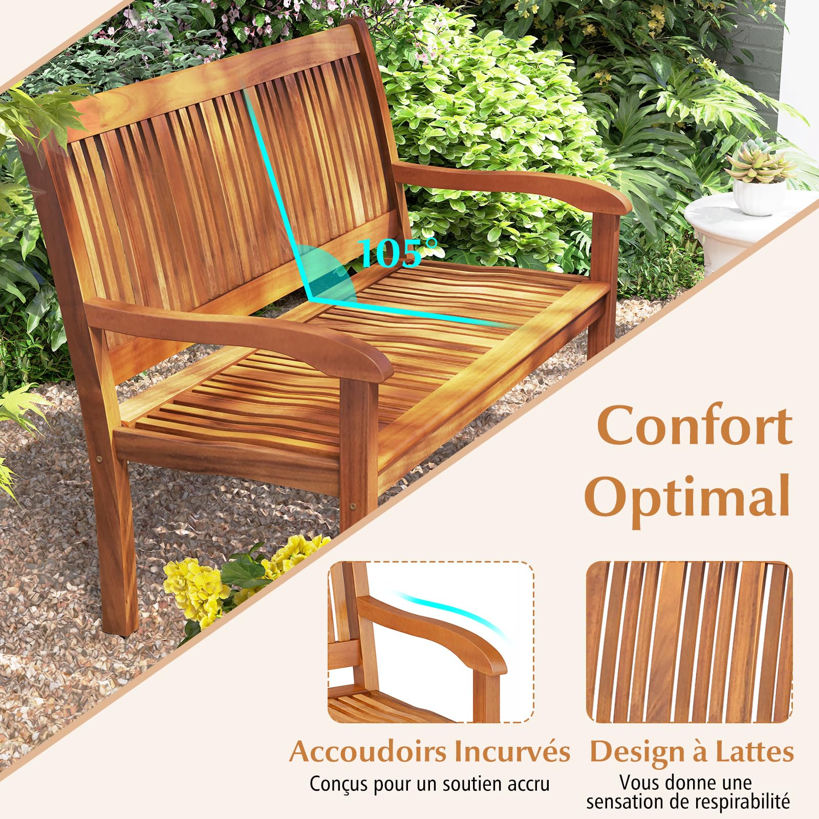 COSTWAY Banc de Jardin, Bois d’Acacia, 126 x 63 x 91 cm, Charge 322kg, 2 Personnes, Dossier Incliné, Accoudoir Incurvé, Banc Exterieur Jardin pour Terrasse Porche Cour