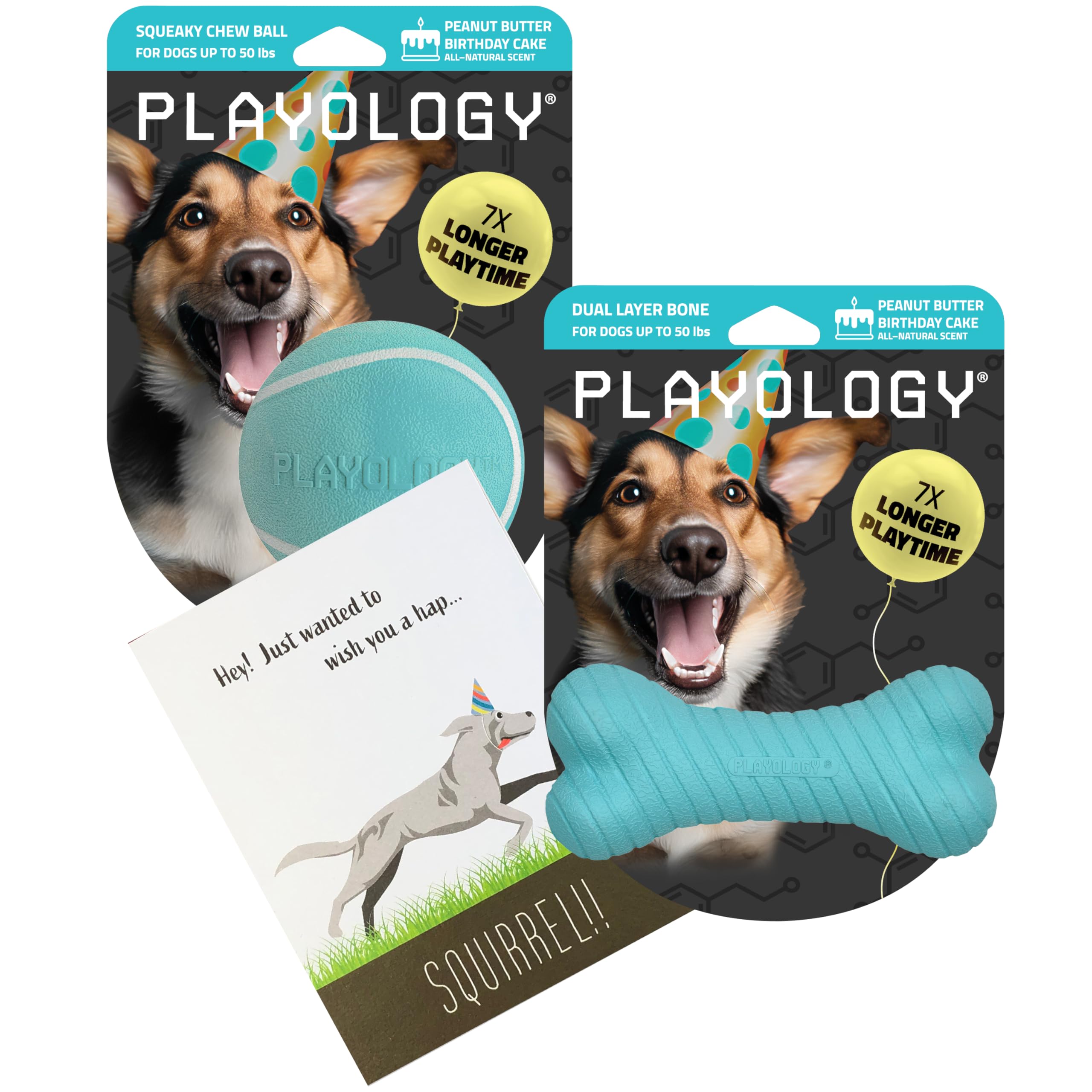 Playology Dog Toys | Birthday Gift Set of Toys for Dogs Squeaky Chew Ball, Dual Layer Bone, and Card | Medium Peanut Butter Birthday Cake Scented Toys