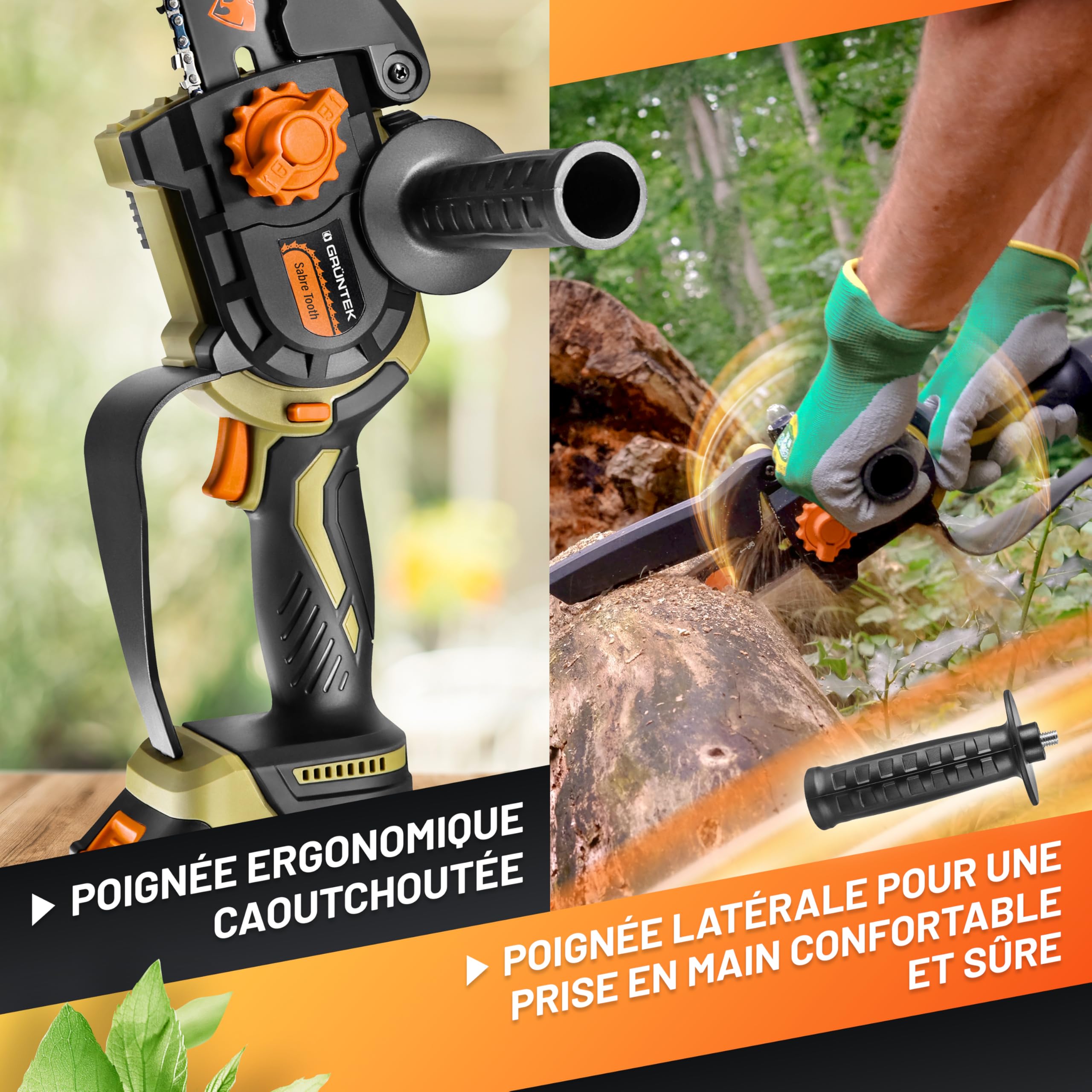 GRÜNTEK Mini Tronçonneuse à Batterie Sans Fil Brushless 21V Élagueuse Scie de Jardin Electrique avec 2 Batterie, 2 Chaînes. Kita avec accessoires de Jardin Gants et Lunettes