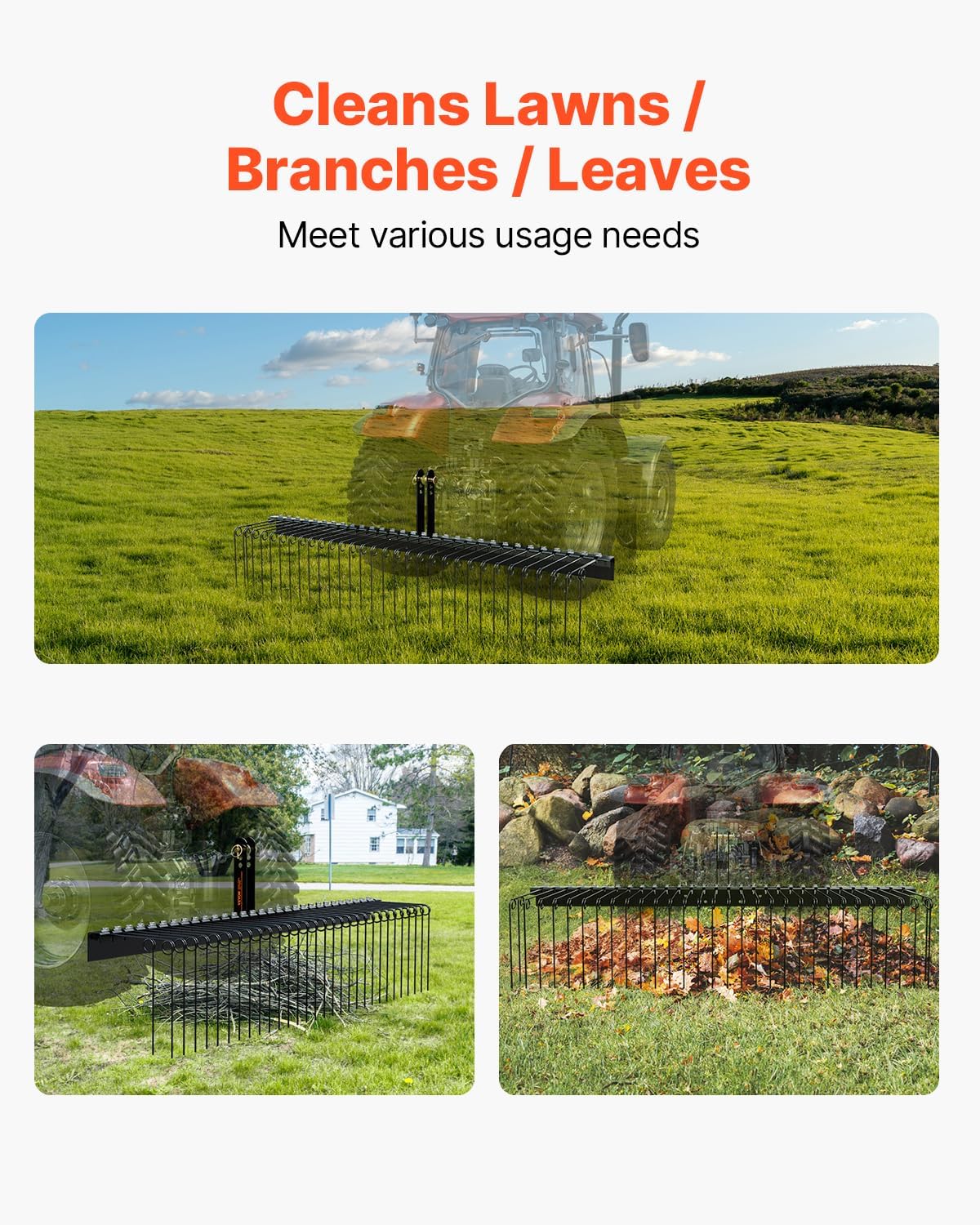 VEVOR Tow Behind Landscape Rake, 72" Lawn Dethatcher Rake with 32 Steel Tines, Attaches to Category 1, 3 Point Hitch for Tractor, Heavy Duty Tow Dethatcher for Leaves, Pine Needles, Straw, and Grass