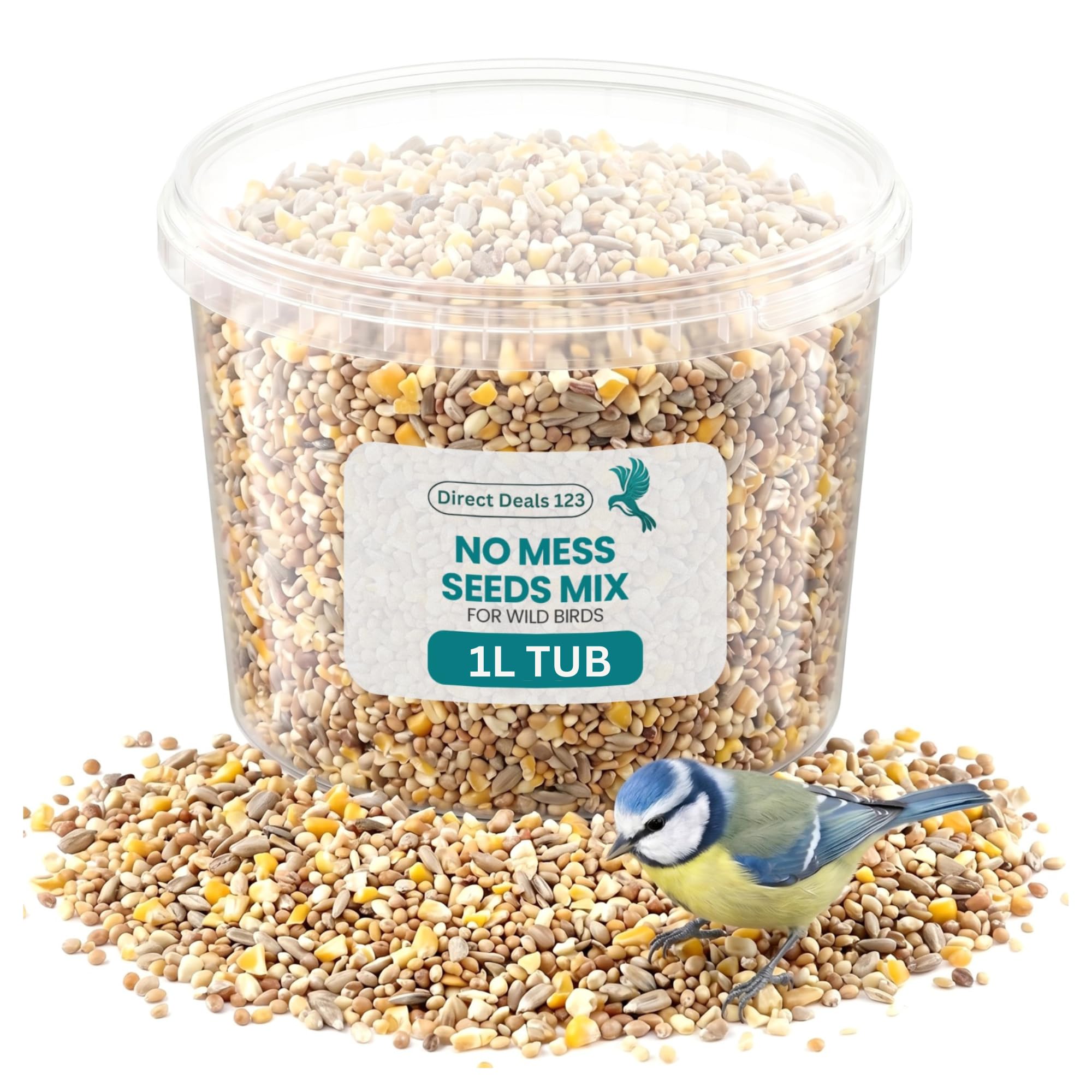 (1L TUB) No Mess Seed for Wild Bird Food Mix Premium Clean Feed No Grow Wild Garden Feeding Natural Husk Free Blend for Finches Sparrows Year Round Nutrition Quality Seed Pack