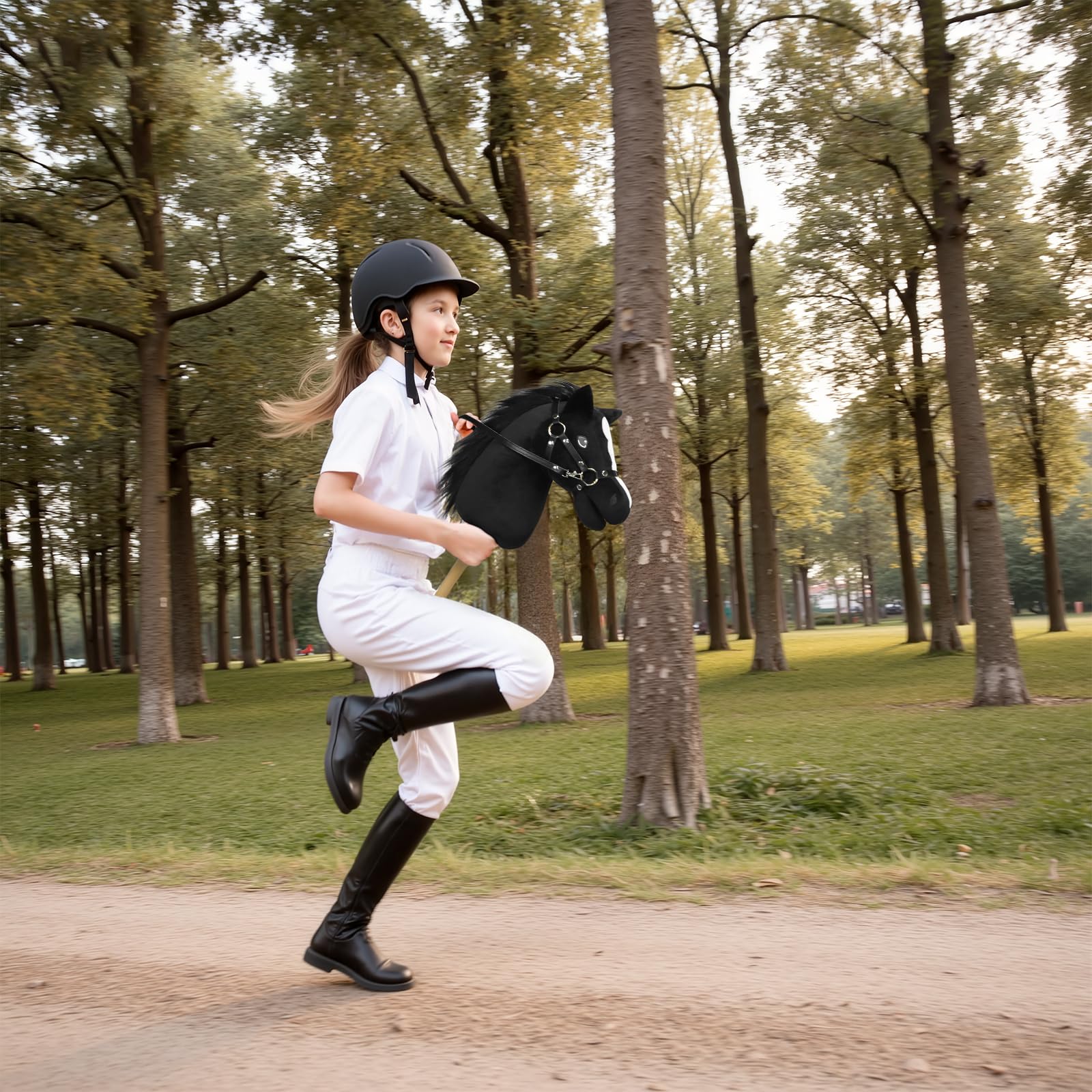 Hobby Horse - Koń na Kiju z Kantar i Ogłowiem (Czarny) | Duży Koń na Kiju dla Dzieci z Przykręcaną Tyczką 40 cm, Hobby Horse do Hobby Horsingu, do Zabaw w Odgrywanie Ról i Jazdy