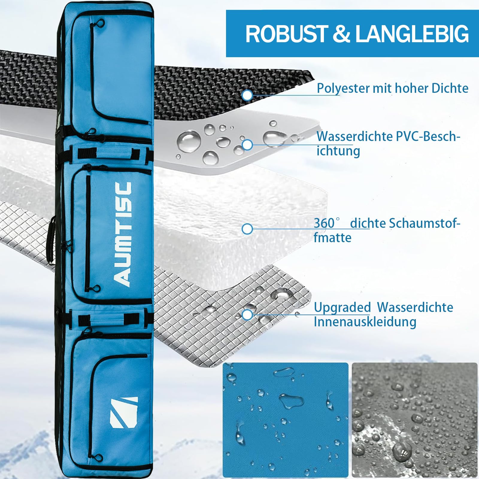 AUMTISC Torba snowboardowa z kółkami, wyściełana torba narciarska do podróży samolotem, pomieści narty do 200 cm