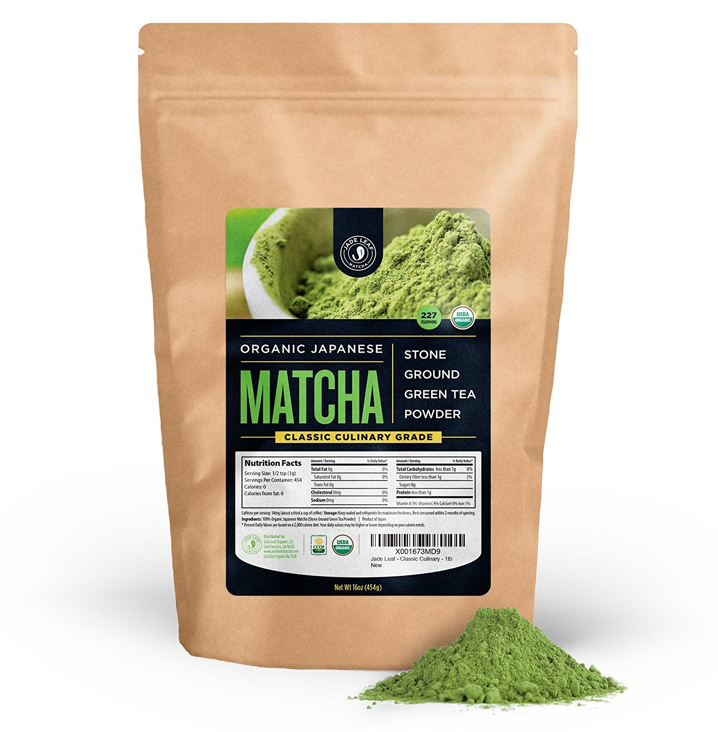 Jade Leaf Matcha Organic Culinary Grade Matcha Powder - Japanese Green tea for Baking, Smoothies, Lattes, and Skin Care, 454g / 16 Ounce Bulk Pouch (Pack of 1)