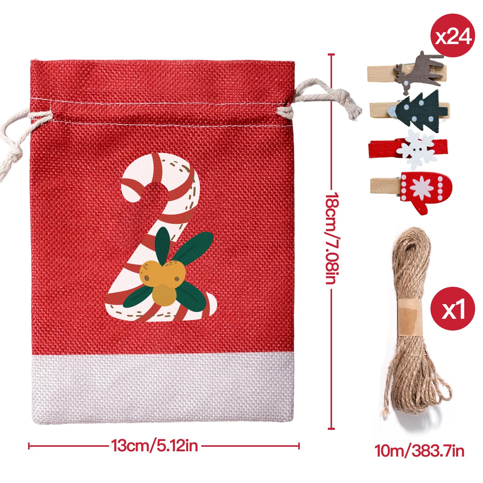 Calendrier De L'Avent à Remplir Soi-même - 24 Sachets En Toile De Jute Avec Pinces, étiquettes Et Corde