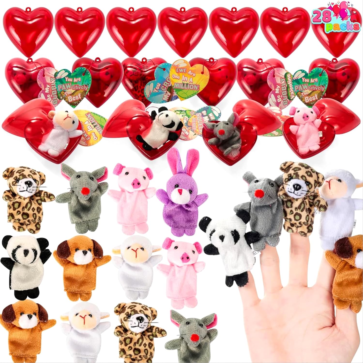 JOYIN 28 Packs Valentines Day Plush Animal Finger Puppets with Prefilled Hearts and Cards for Kids, Valentine Classroom Exchange Gift, Party Favors, Game Prizes