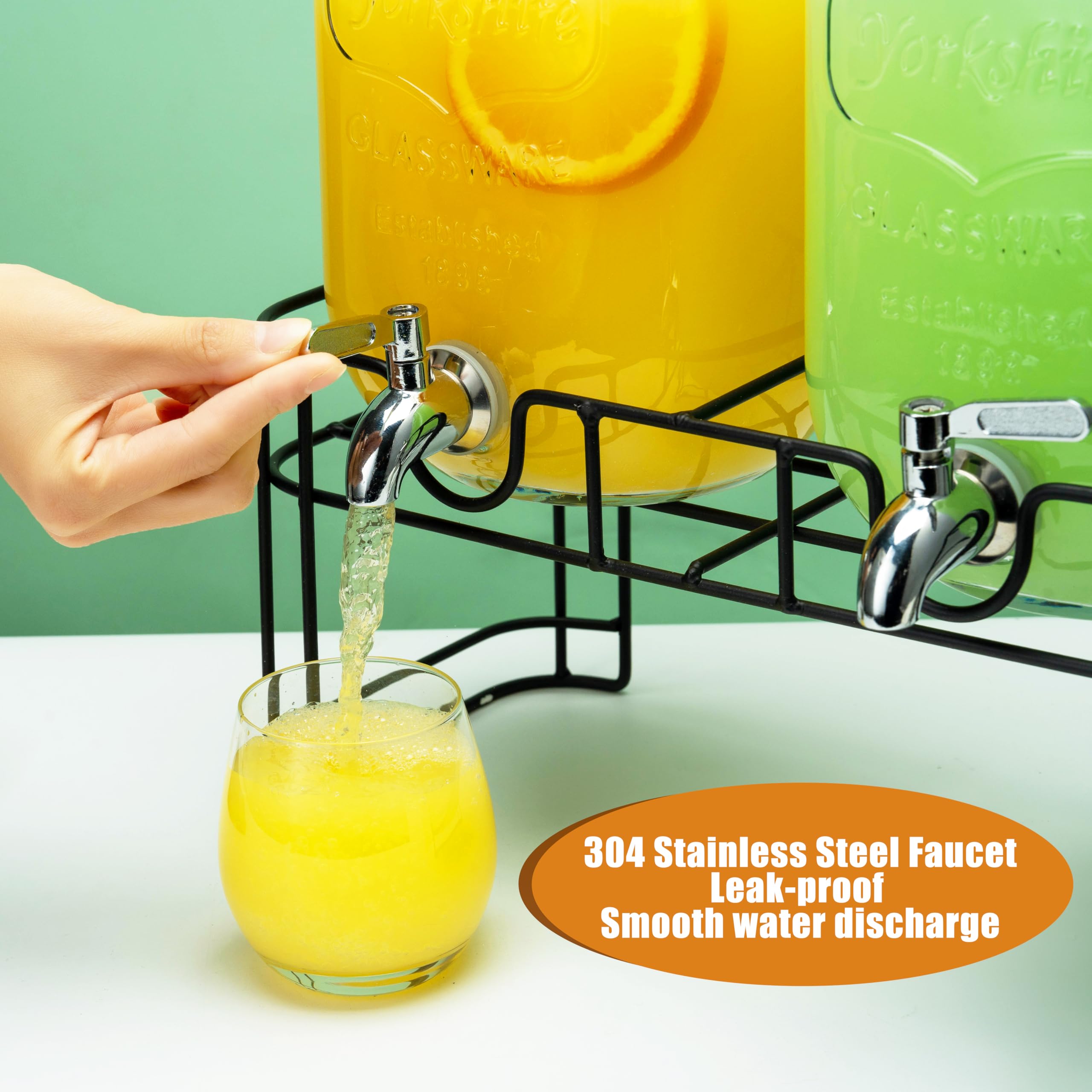 Dispensadores de bebidas de vidrio de 1 galón para fiestas, dispensador de bebidas con soporte, cilindro de hielo y espiga de acero inoxidable, 100% a prueba de fugas, dispensador de bebidas para