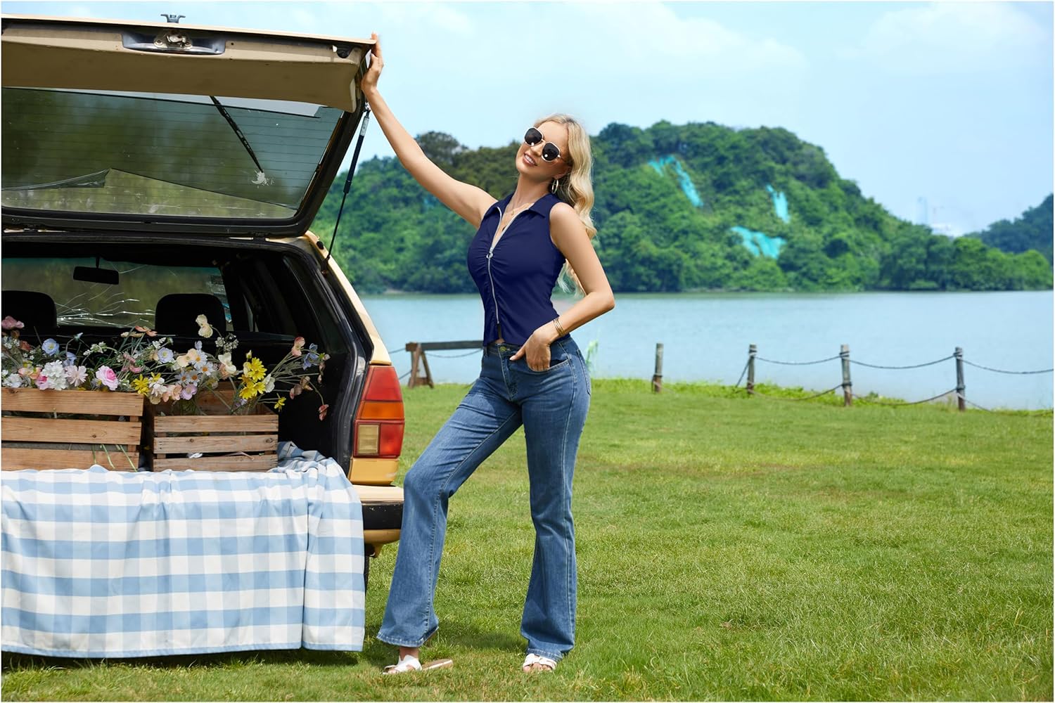 TAIPOVE Cotton Ribbed Knit Sleeveless Tank Top for Women Cute Collared V Neck Zip Casual Polo Shirt Ruched Casual Work Blouse - Image 3