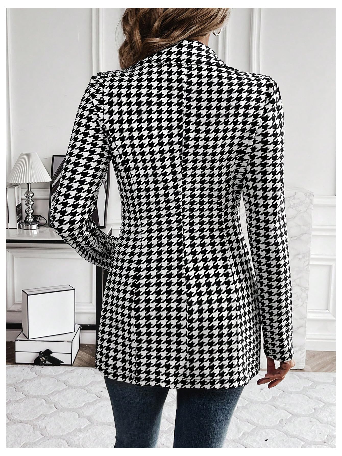 GORGLITTER Women's Houndstooth Long Sleeve Button Blazer Jackets Trendy Open Front Casual Business Work Office Blazers