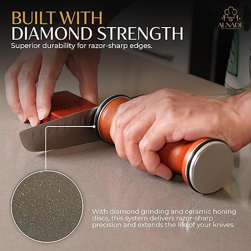 Miniatura 3 de Alnade - Afilador de cuchillos con doble ángulo de 15 y 20, discos de diamante y cerámica, mango de madera magnético, herramienta manual profesional