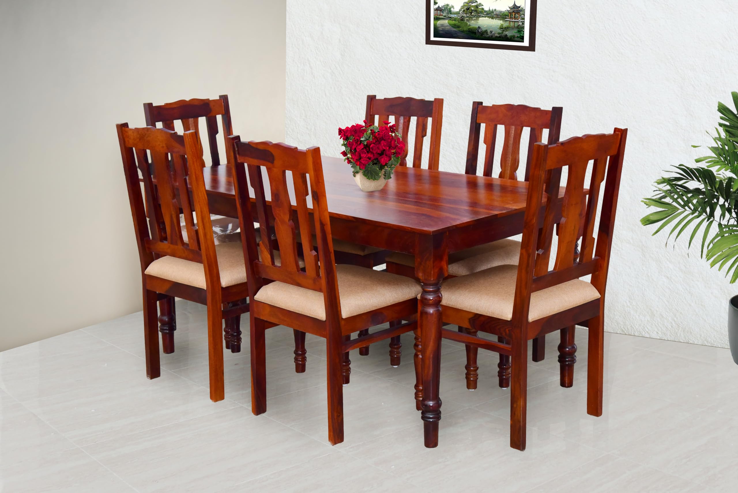 - Furniseworlds Sheesham Wood 6-Seater Dining Table Set with Cushioned Chairs | Solid Wooden Furniture for Home & Kitchen (Maple, 6 Seater)