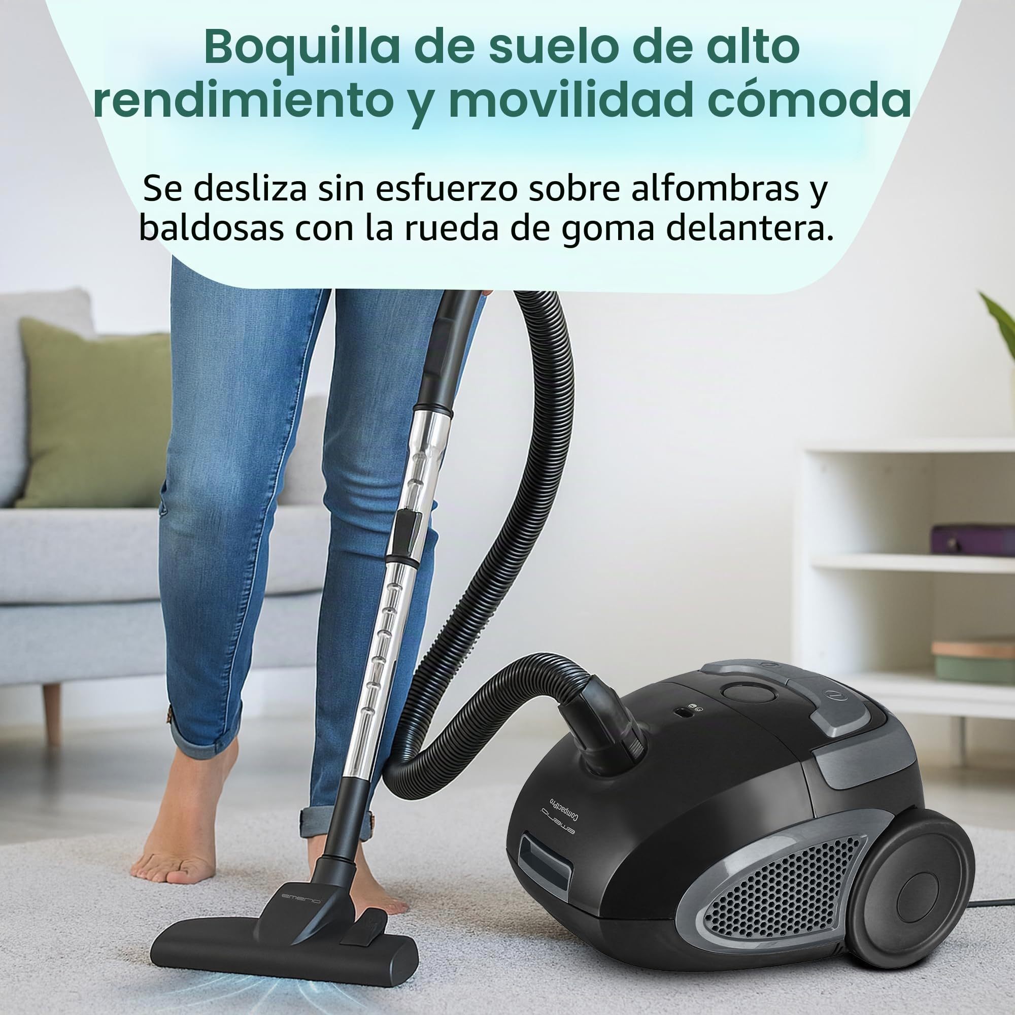 emerio VE-109959.14 Aspiradora Potente 800 W, compacta y Ligera, con Bolsa, para Suelos Duros y alfombras, 2,0 L, Compatible con Y50, Negro/Gris