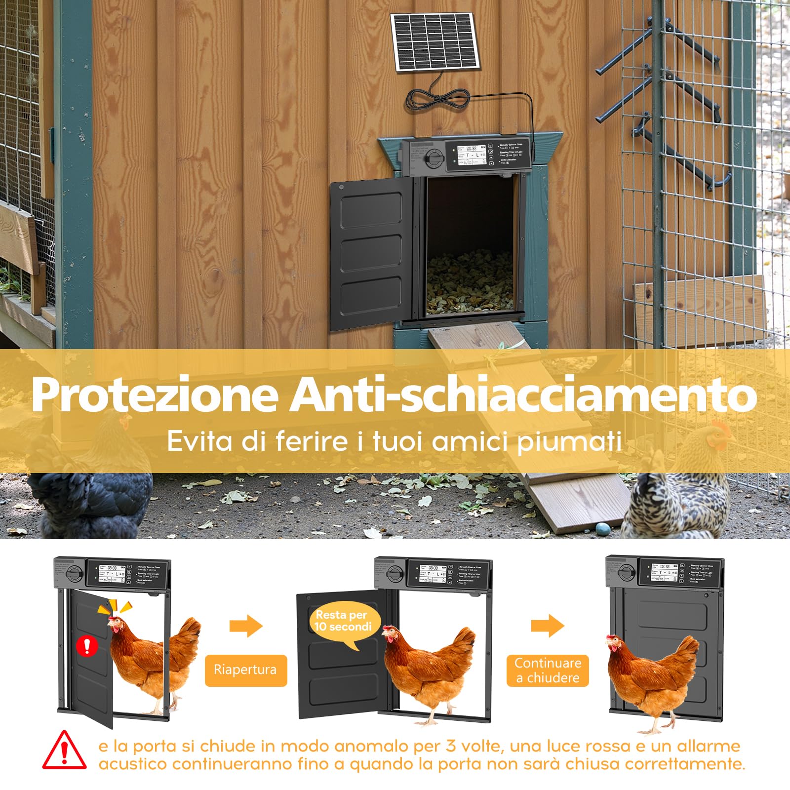 Grande Dimensione Apriporta Automatico per Polli Solare, Apriporta per Polli in Alluminio Apertura Laterale Automatica, Porta Elettrica per Polli con Pannello Solare da 7W, Display LED