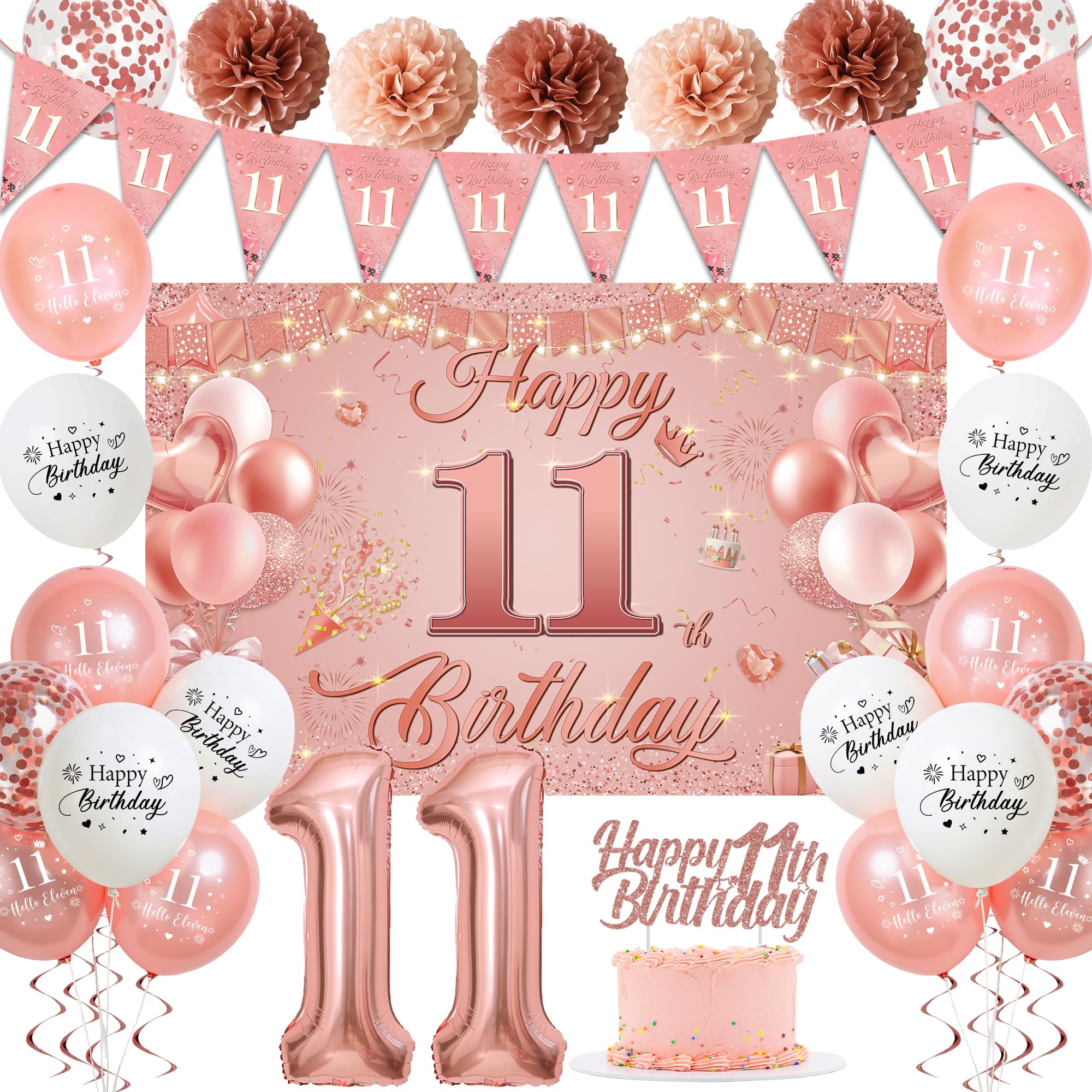 Sroeeshee 11th Birthday Decorations for Girls - Pink Rose Gold 44Pcs 11th Bday Balloon Backdrop Set with Pennant Banner Number 11 Balloons, Photo Backdrop Pom Poms Cake Topper for 11 Year Old Party