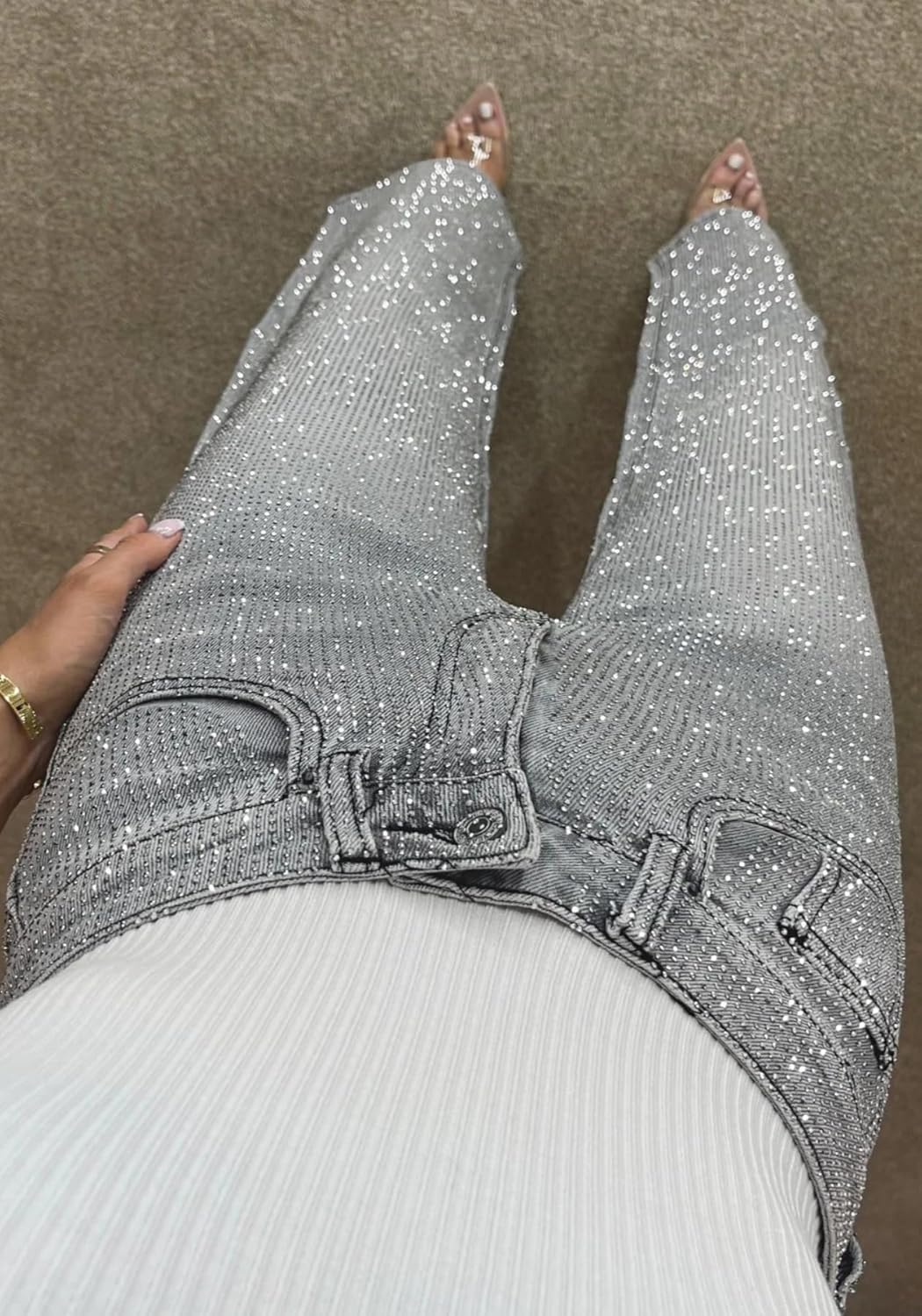 Unybwonn Straight Leg Jeans Rhinestone High Waisted Pearl Boyfried Denim Pants Sparkly Bling Glitter Bedazzled Jeans - Image 6