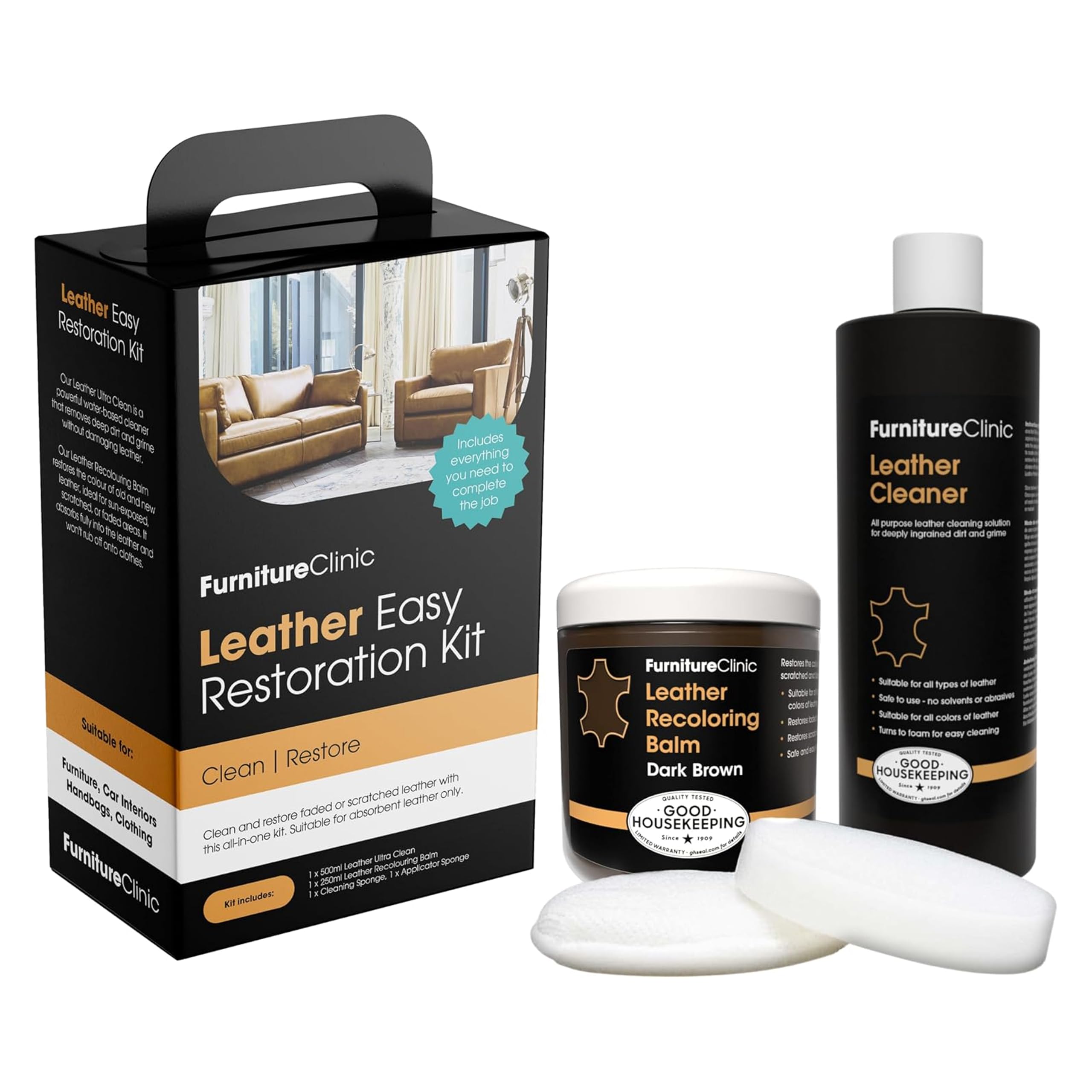 Furniture Clinic Leather Easy Restoration Kit | with Leather Recoloring Balm, Cleaner, Sponge, and Cloth | Leather Repair Kit for Scratched and Faded Furniture (Dark Brown) Dark Brown Easy Kit