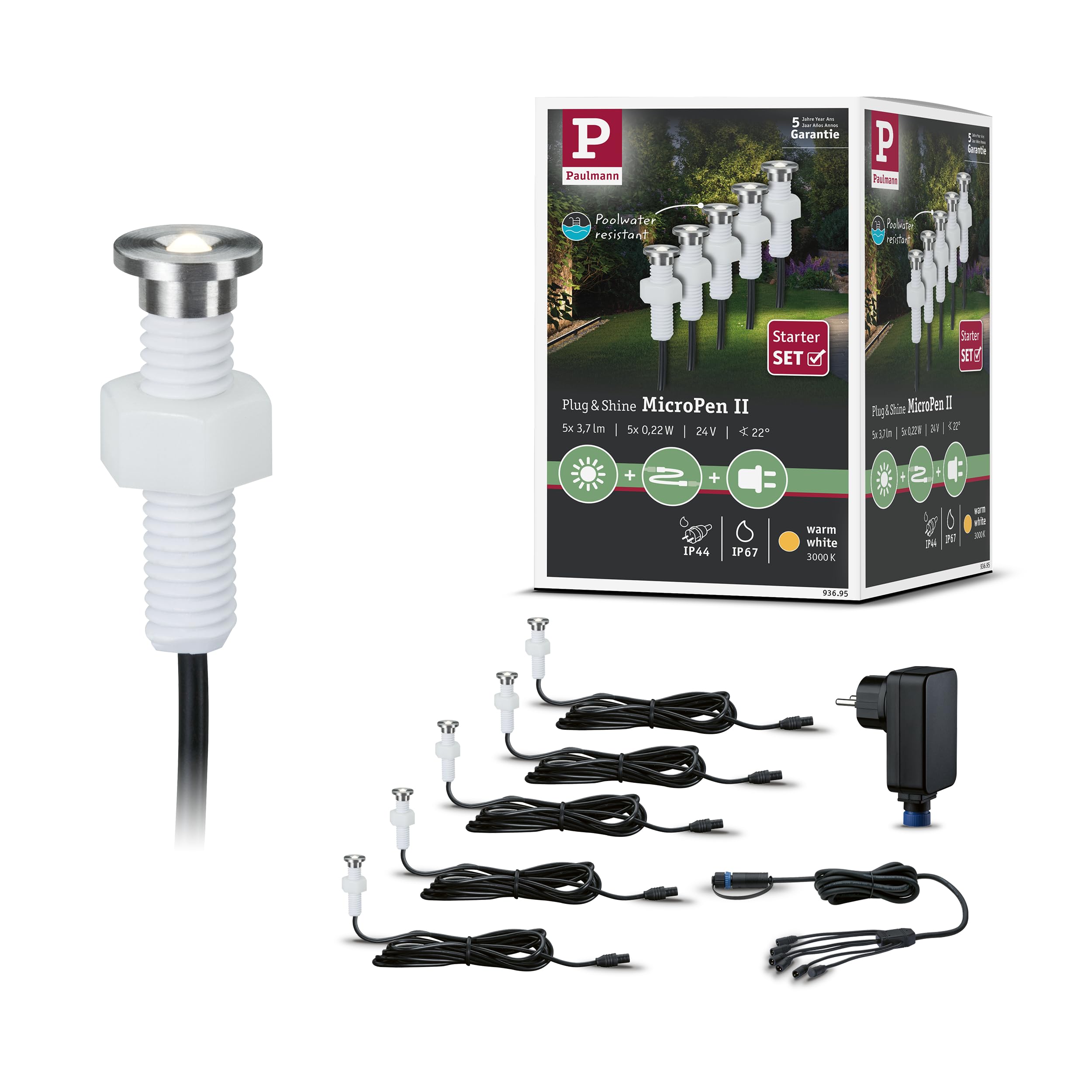 Paulmann 93695 Outdoor Plug&Shine Kit encastrés extérieur MicroPen II, 5x0,22W, (incl. driver), IP67, 3000K, Acier inoxydable argent 4,6 x 1,5 x 4,6 cm