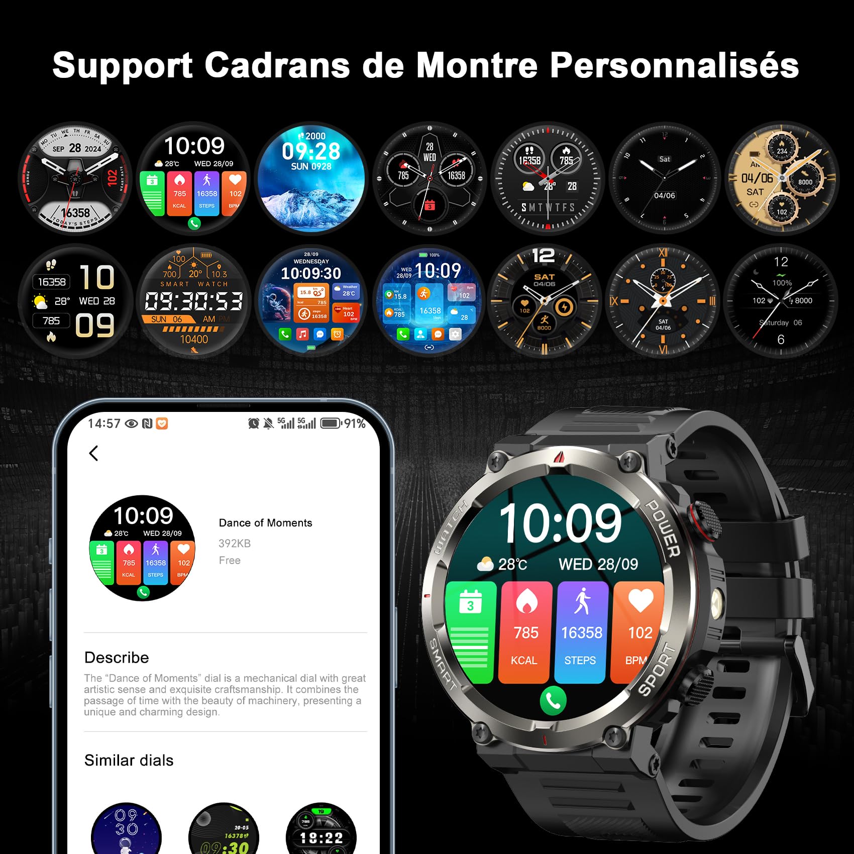 IOWODO Montre Connectée Homme, Appels Bluetooth, Whatsapp, 1,45" HD Ecran Tactile, Analyse Fréquence Cardiaque/SpO2/Sommeil, 120+ Modes Sportifs, IP68 étanchéité, Boussole, Android/iOS