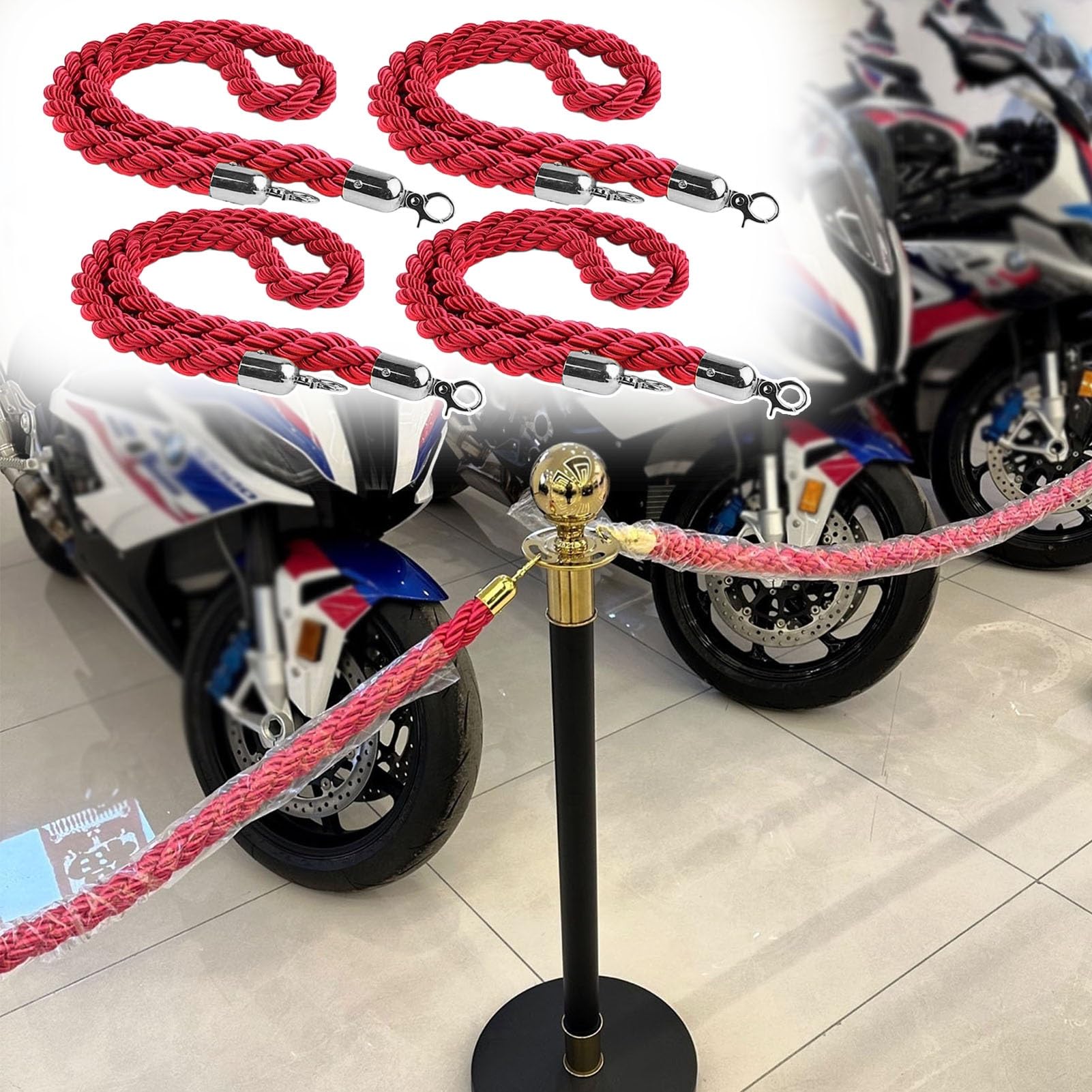 GDMDPTE Set of 4 Red Braided Ropes with Hooks 7.2ft Hemp Crowd Control Barriers for Events VIP Lines Theaters Hotels Grand Openings & Stylish