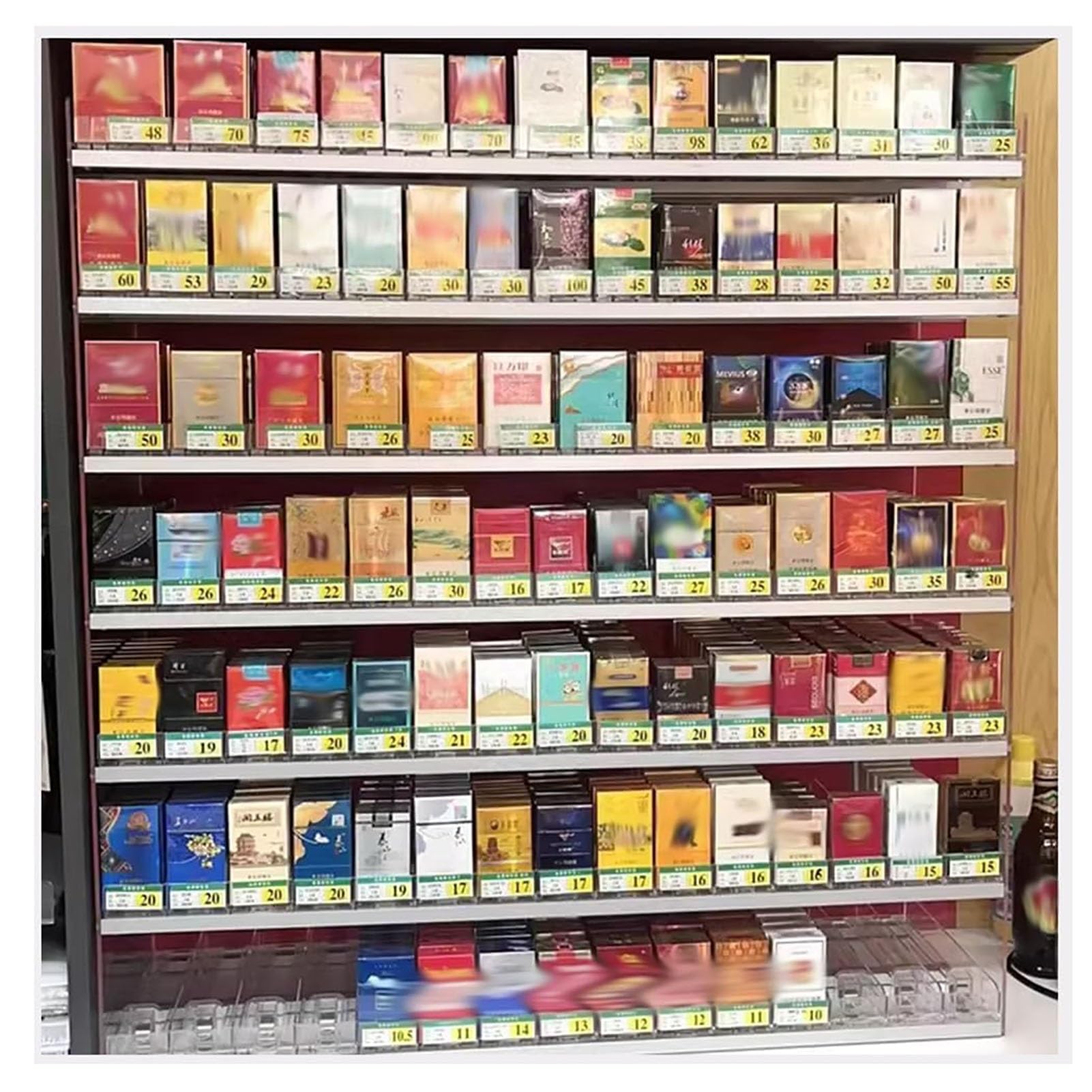 Vitrina acrílica con empujador automático expositor de cigarrillos transparente de pared