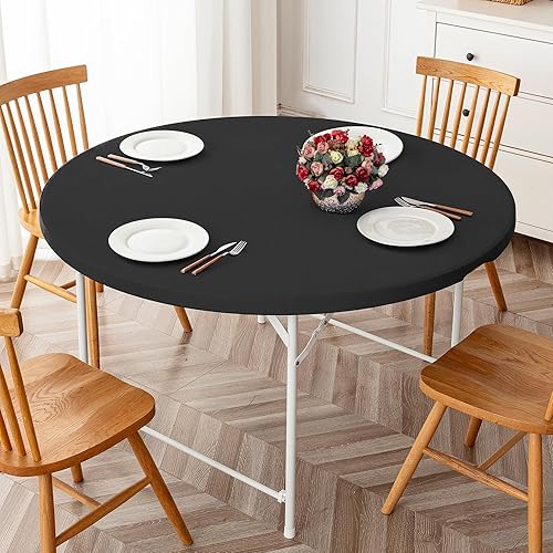 Miniatura 1 de Mantel ajustable negro para mesas redondas, paquete de 2 manteles elásticos reversibles, impermeable, resistente a las manchas, para uso en