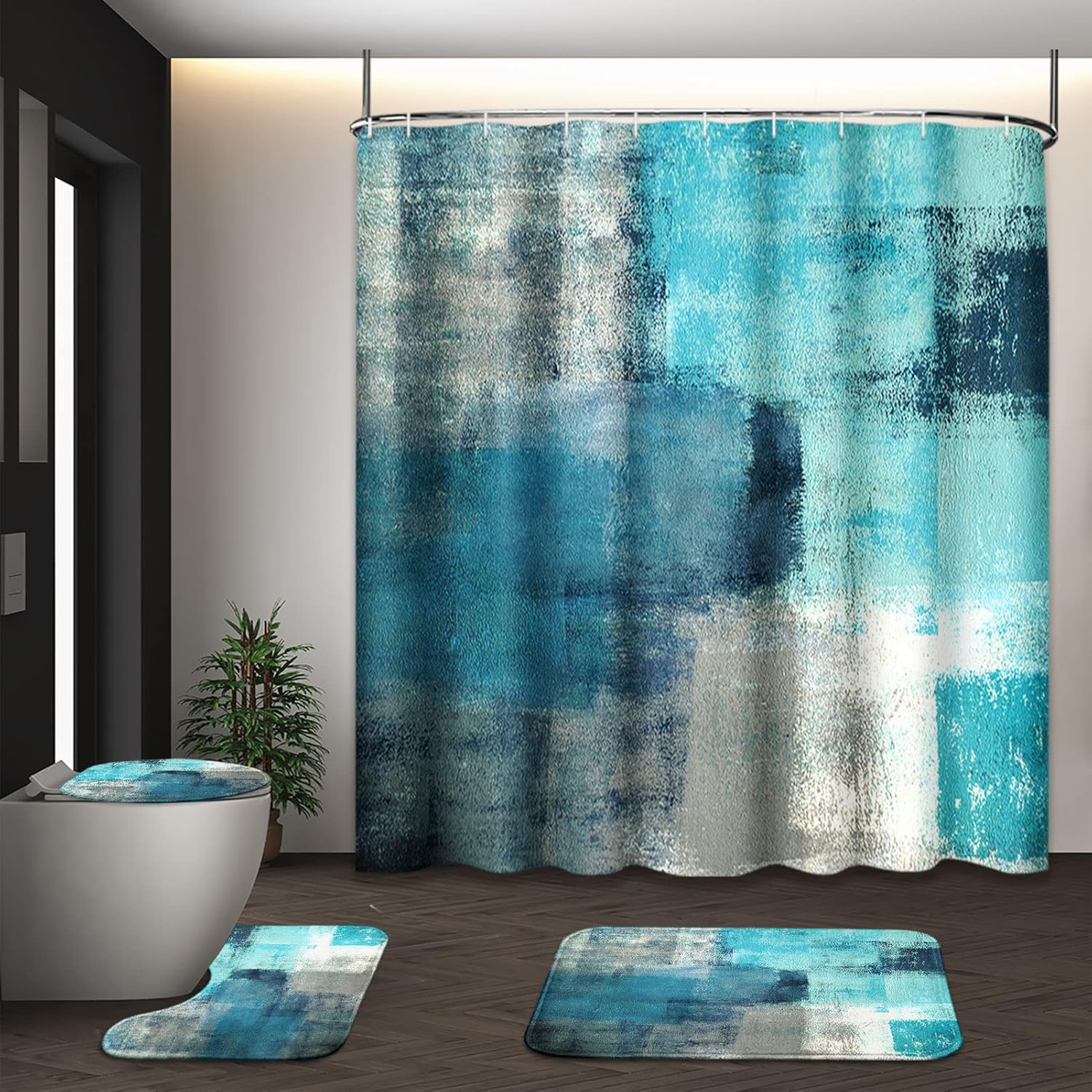 Amazon.com: Tayney Turquoise Abstract Shower Curtain Set with Toilet ...