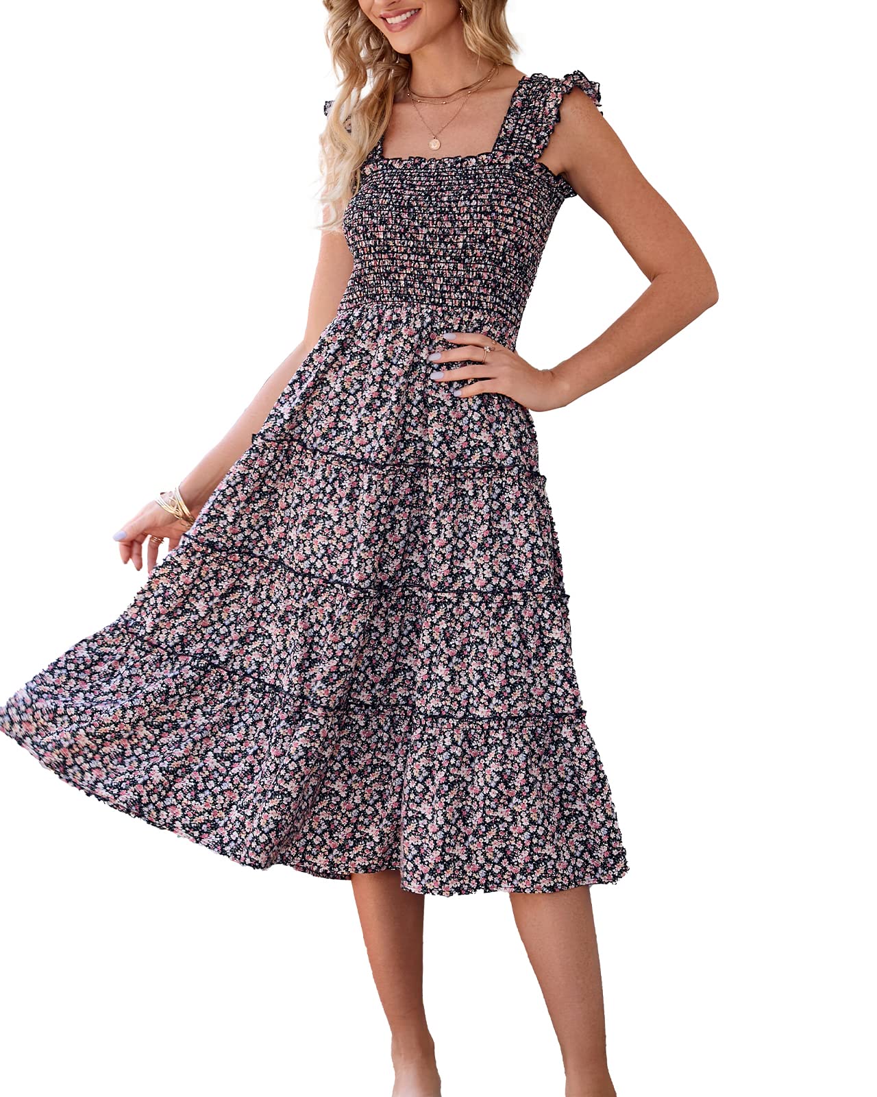 BTFBM Womens Summer Boho Smocked Beach Dresses Sleeveless Shoulder