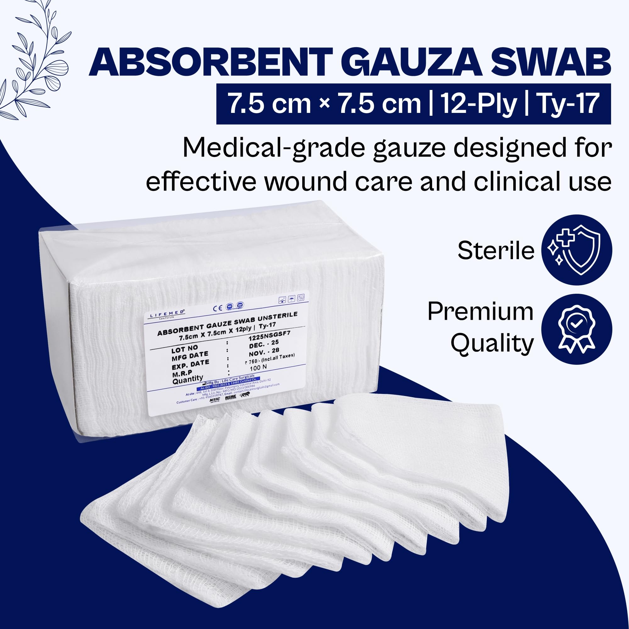 LIFEMED Non-Sterile Gauze Swab 7.5cm x 7.5cm x 12Ply (Pkt of 100 Gauze) 1