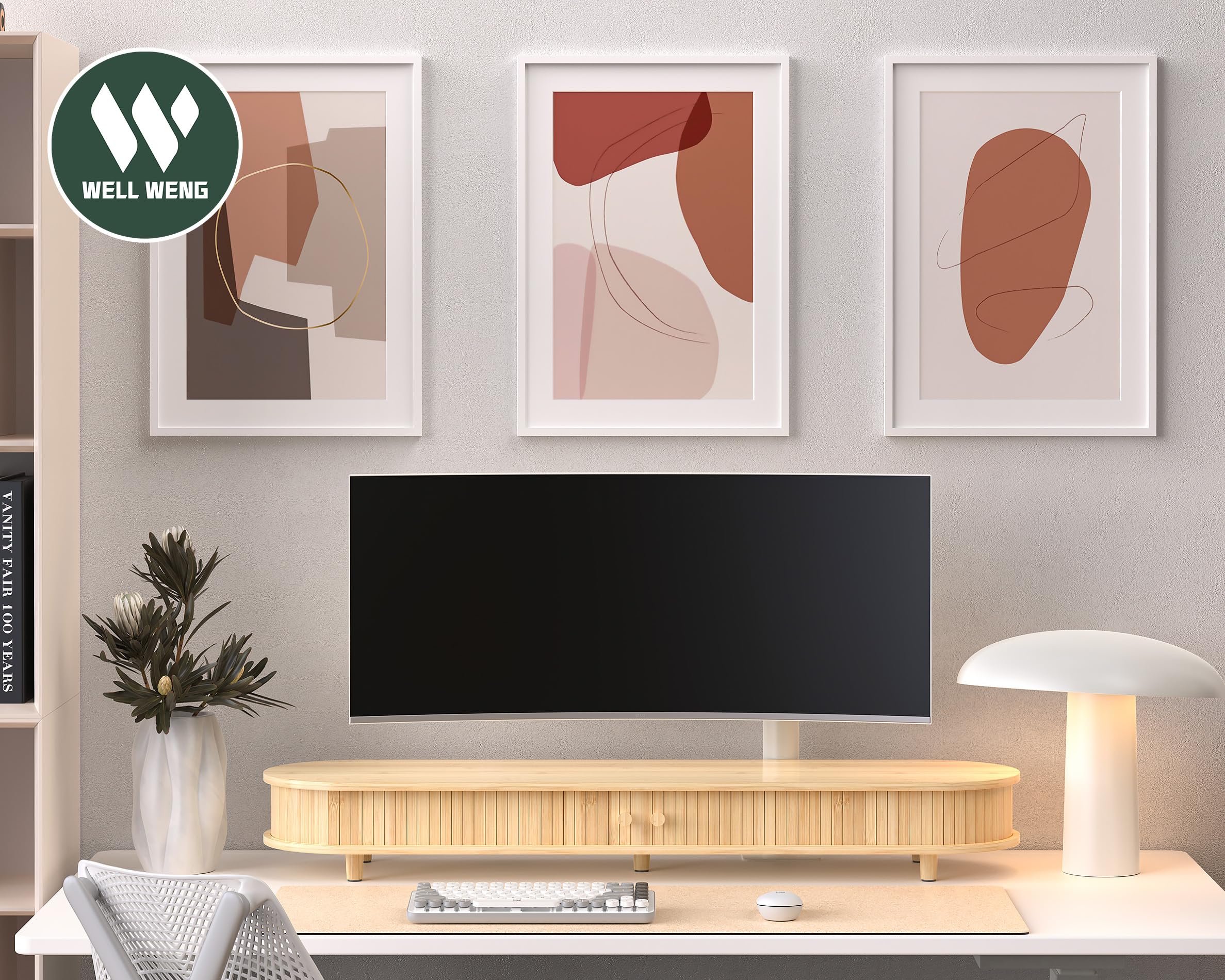 WELL WENG Supporto doppio per monitor in bambù con spazio di archiviazione, doppio supporto per computer portatile, organizer da scrivania con ante scorrevoli (107 cm)