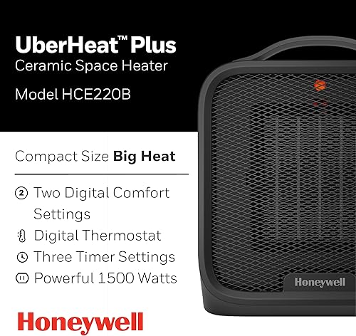 Miniatura 2 de Honeywell UberHeat Plus HCE220B - Calentador de espacio de cerámica para habitaciones pequeñas, silencioso y compacto, con ajustes de calor