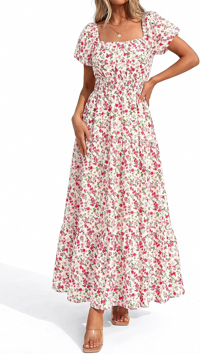 BTFBM Summer Dress for Women 2026 Spring Floral Short Sleeve Square Neck Casual Flowy A-Line Smocked Tiered Maxi Dresses - Image 4