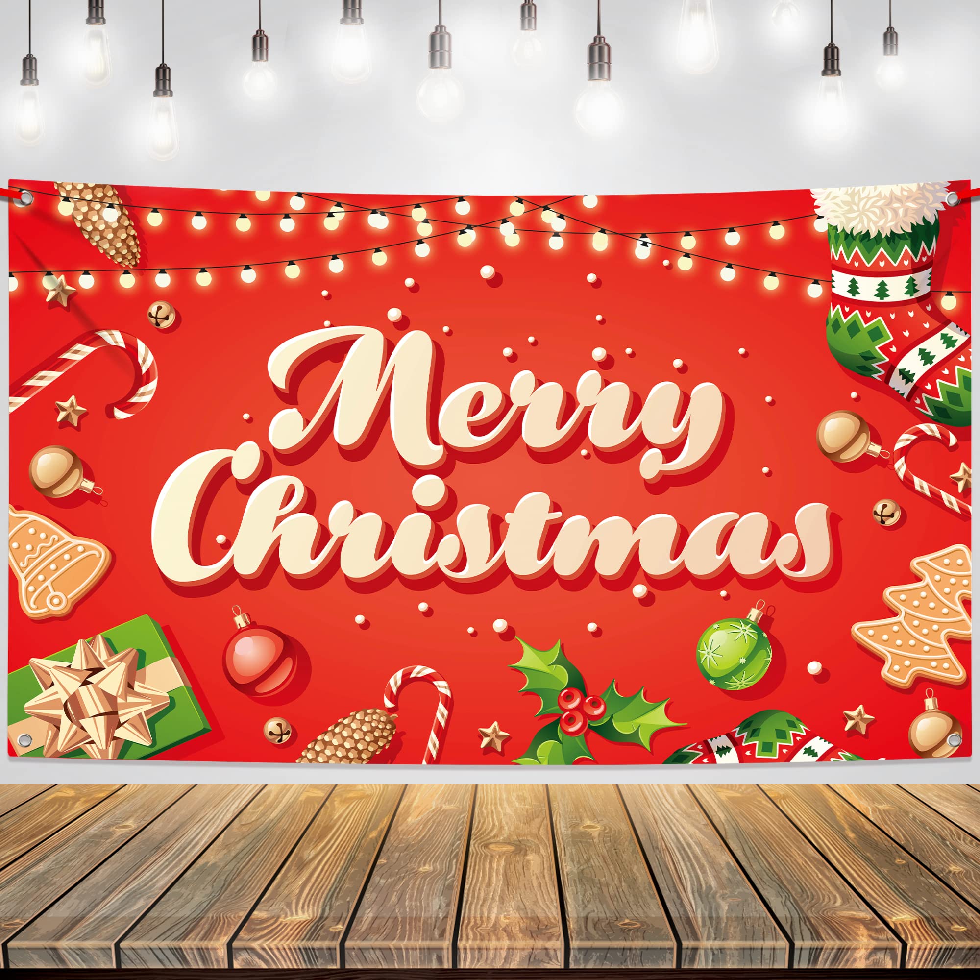 Photo 1 of KatchOn, XtraLarge, Merry Christmas Banner - 72x44 Inch | Merry Christmas Backdrop for Christmas Decorations | Merry Christmas Backdrops for Photography | Merry Christmas Party Decorations for Kids Candy, socks and tree