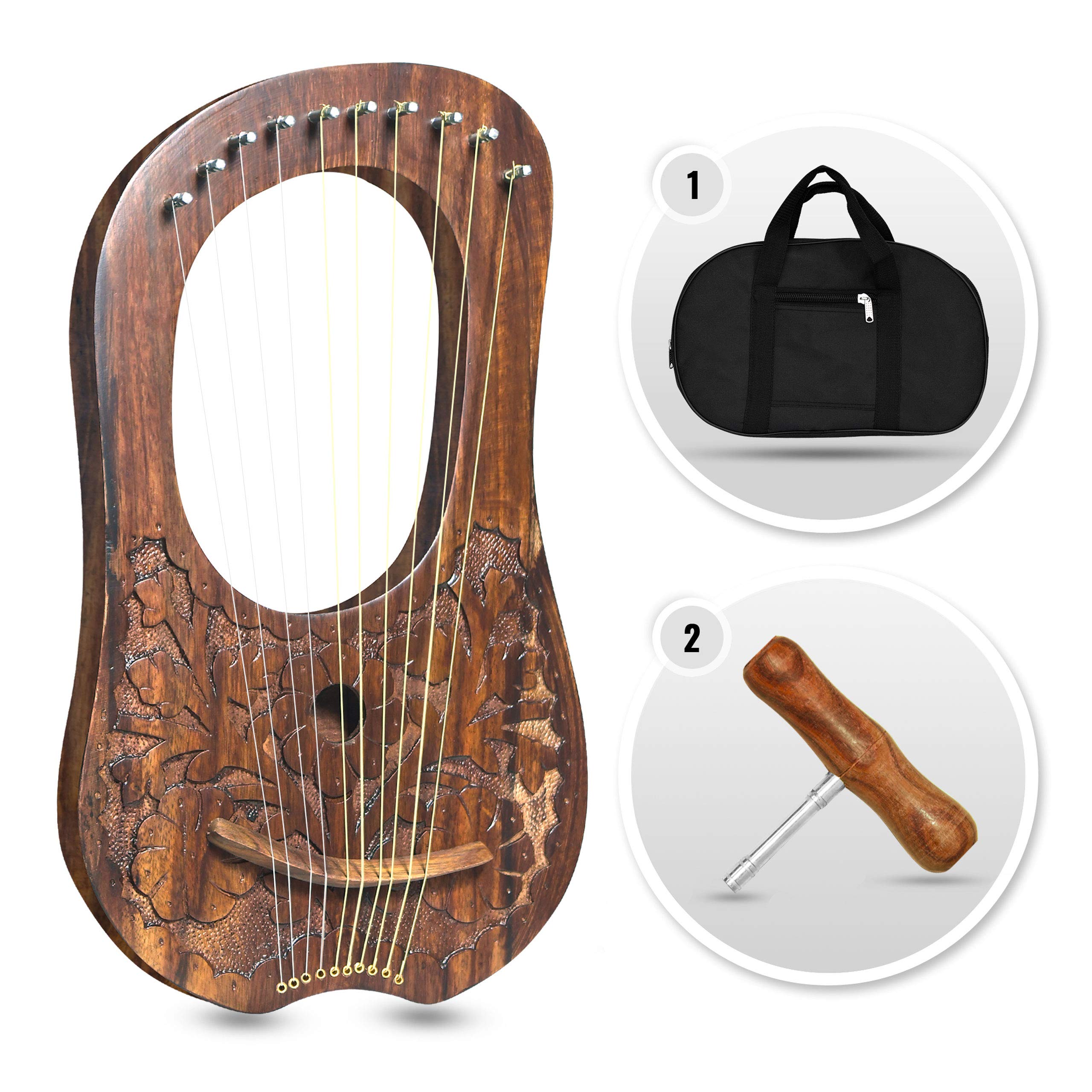10 Metal Strings lyre harp Engraved Floral Design Natrual finish tuning key, Carrying bag