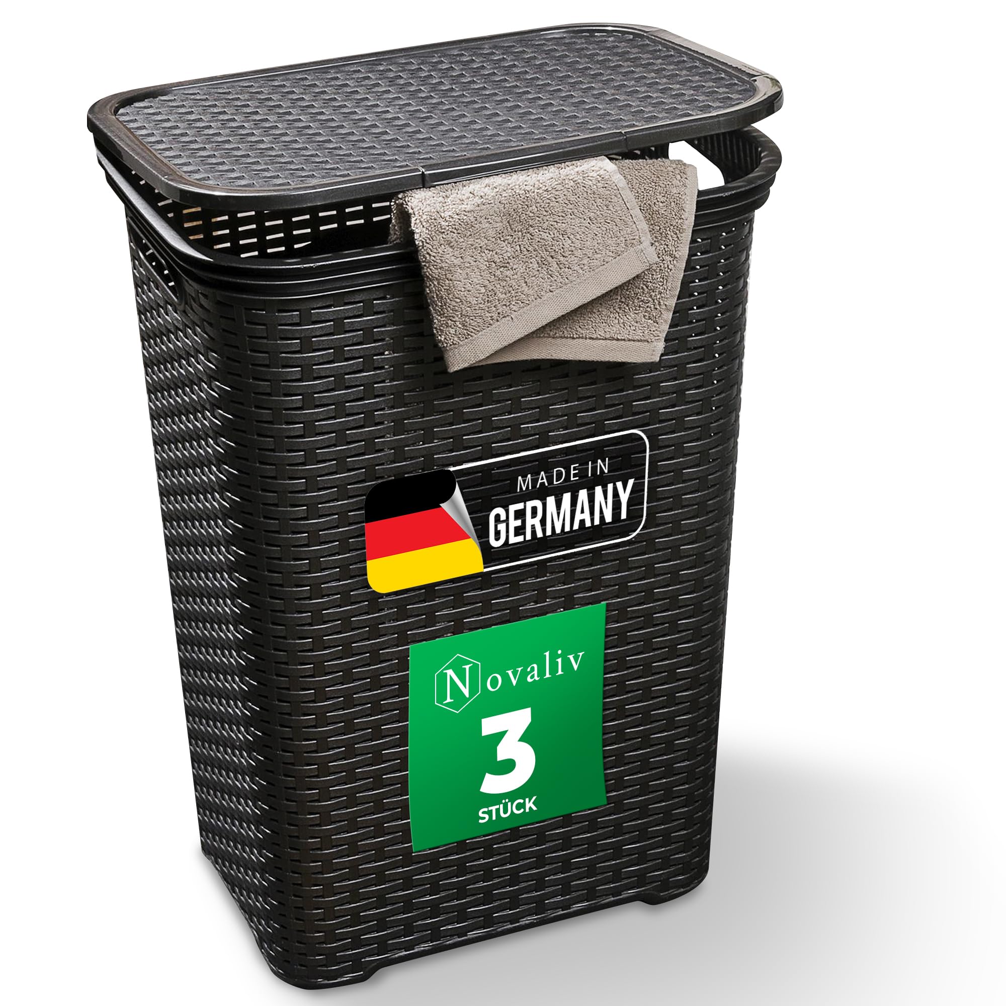 Novaliv 3 Stück Rattan Wäschekorb mit Deckel 60L Schwarz, Wäschebox Set Wäscheeimer Wäschebehälter modern für Bad Wäsche Schmutzwäsche, Wäschekörbe Schmutzwäschebehälter Sammler Korb