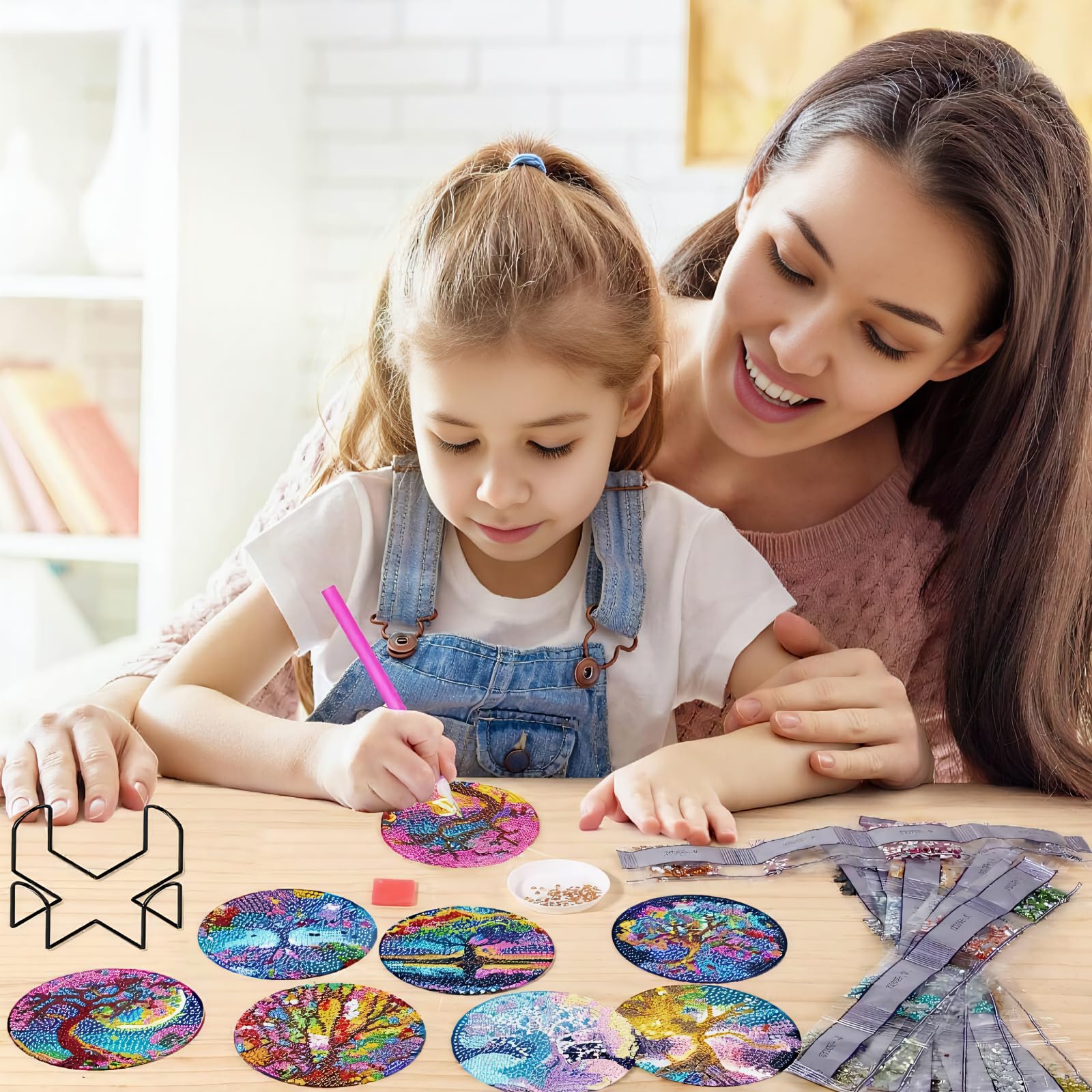 8 Piezas Posavasos Pintura Diamante con Soporte, DIY Mandala Diamante Pintura Posavasos, Flor de la Vida Diamond Painting Adecuado para Tazas, Copas de Vino, Estudio, armarios