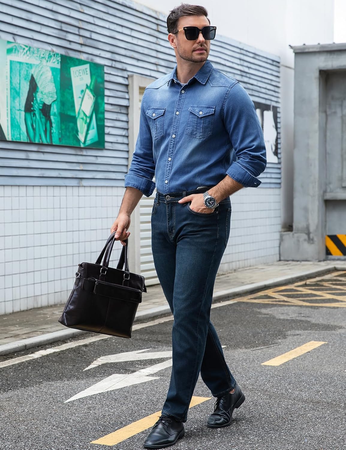 Kissonic Mens Denim Shirt Long Sleeve Slim Fit Jean Shirt for Men Button Down Causal Striped Denim Shirts - Image 5