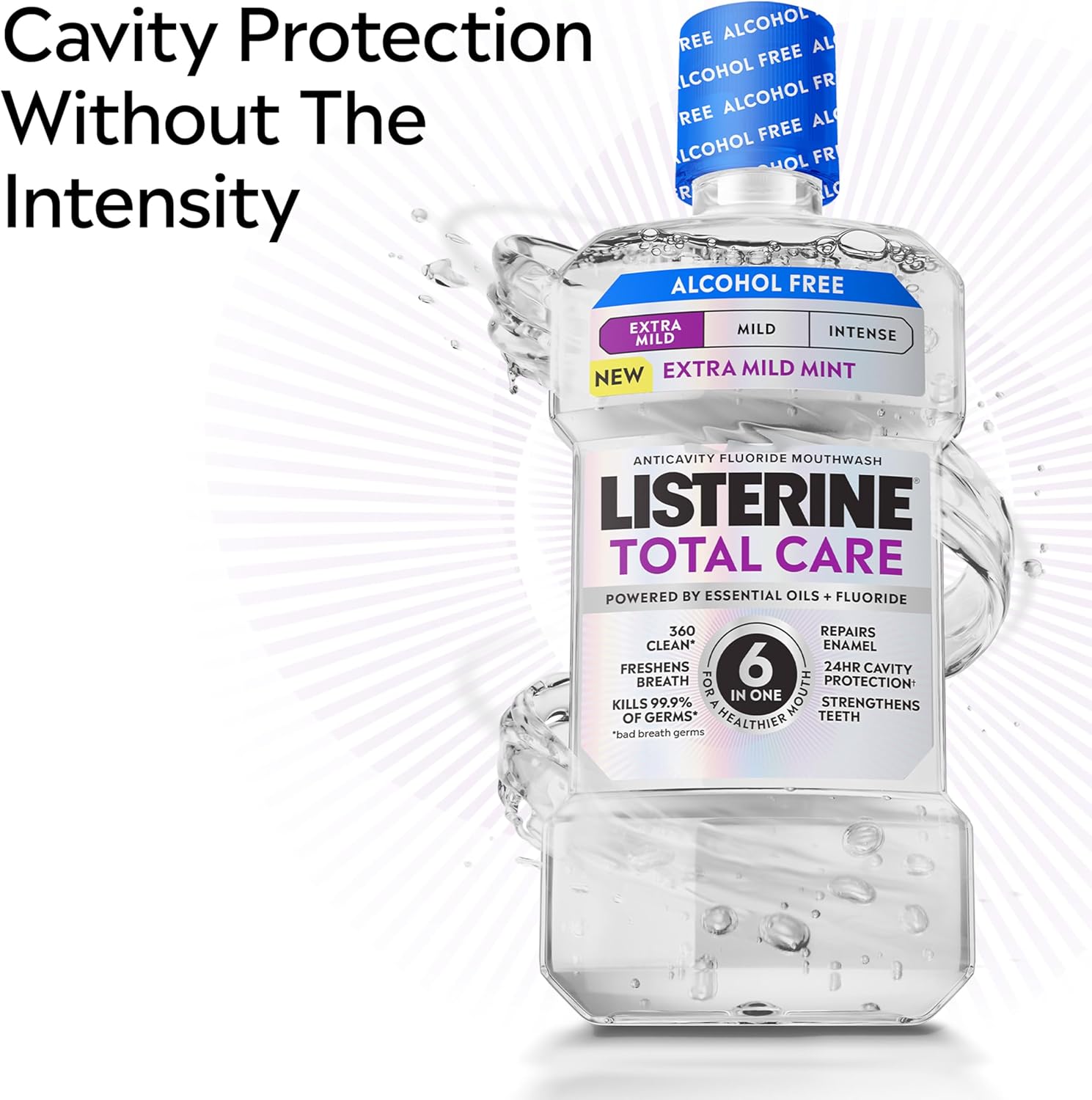 Listerine Total Care Alcohol-Free Anticavity Fluoride Mouthwash, 6 Benefit Oral Rinse to Help Kill 99.9% of Germs that Cause Bad Breath & Strengthen Enamel, Dye-Free, Extra Mild Mint Flavor, 1L x 2