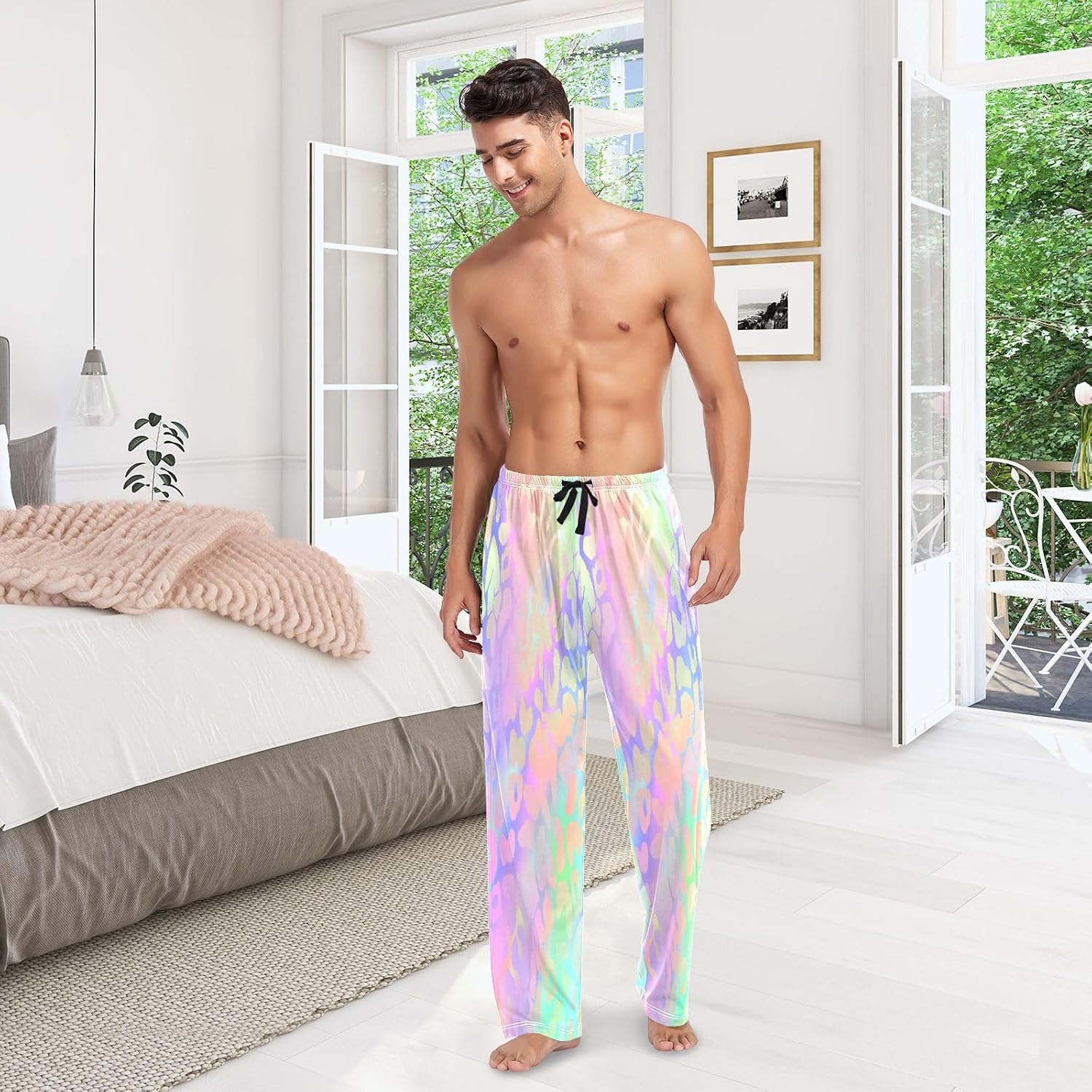ALAZA Rainb Leopard Print Laser Cheetah Men's Pajama Pants Men Cotton Pajama Bottoms with Pockets, S
