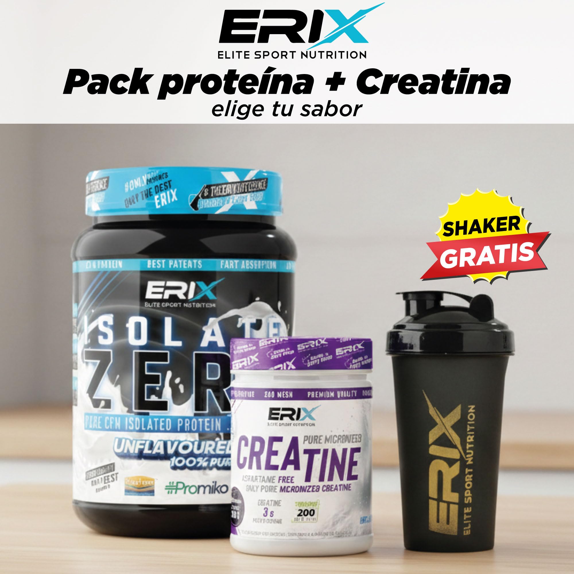 ERIX Nutrición ISO Zero 900g + Creatina Monohidrato 300g Neutra + Shaker Negro, Proteína Aislada de Suero CFM, Alta Pureza, Bajo en Grasa y Lactosa para Rendimiento Muscular (Nut Choco)