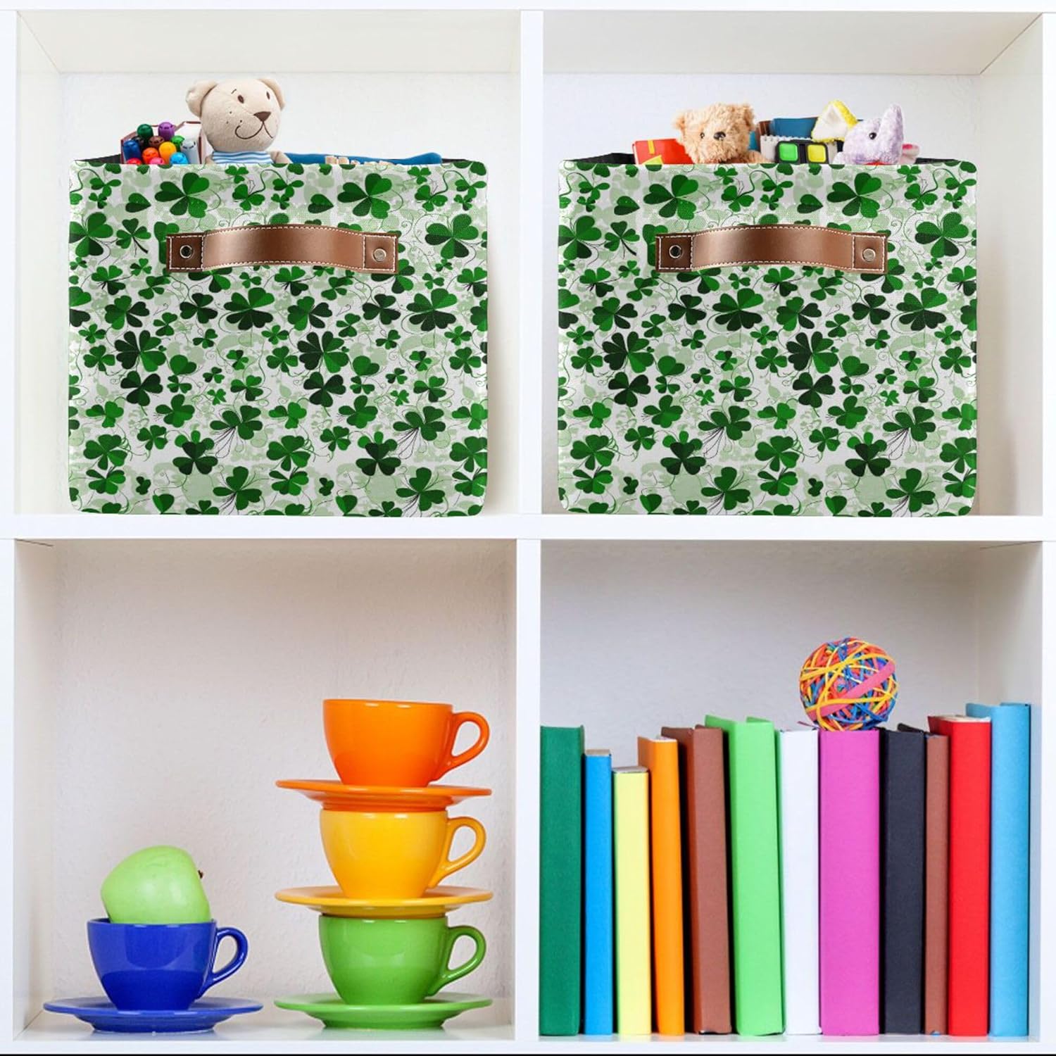 Green Clover Shamrock Lucky Storage Basket Fabric Laundry Baskets Happy St. Patrick's Day Accessories Storage Boxes Organizer Bag for Cloth Toy Book Storage Cubes Shelf Closet Bins 16×12×8 Inches