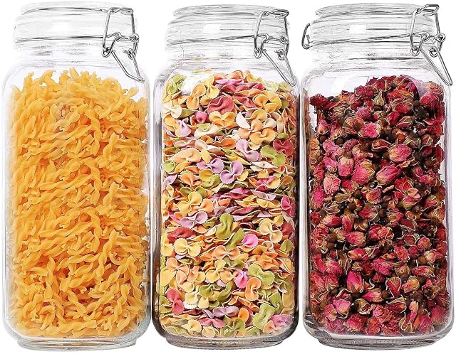 ComSaf Glass Storage Jars with Lids 2300ML Food Canisters Set of 3 - Airtight Clear Preserving Seal Wide Mouth Containers with Wire Clip Fastening for Kitchen Canning Cereal,Pasta,Sugar,Coffee,Spices