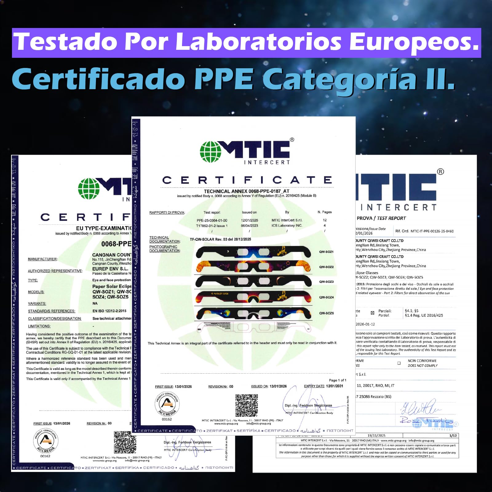 Gafas para Eclipse Solar QW-SOZ2，Certificadas EN ISO 12312-2, Visores Solares Seguros para Observación Directa del Sol, Filtros de Alta Definición